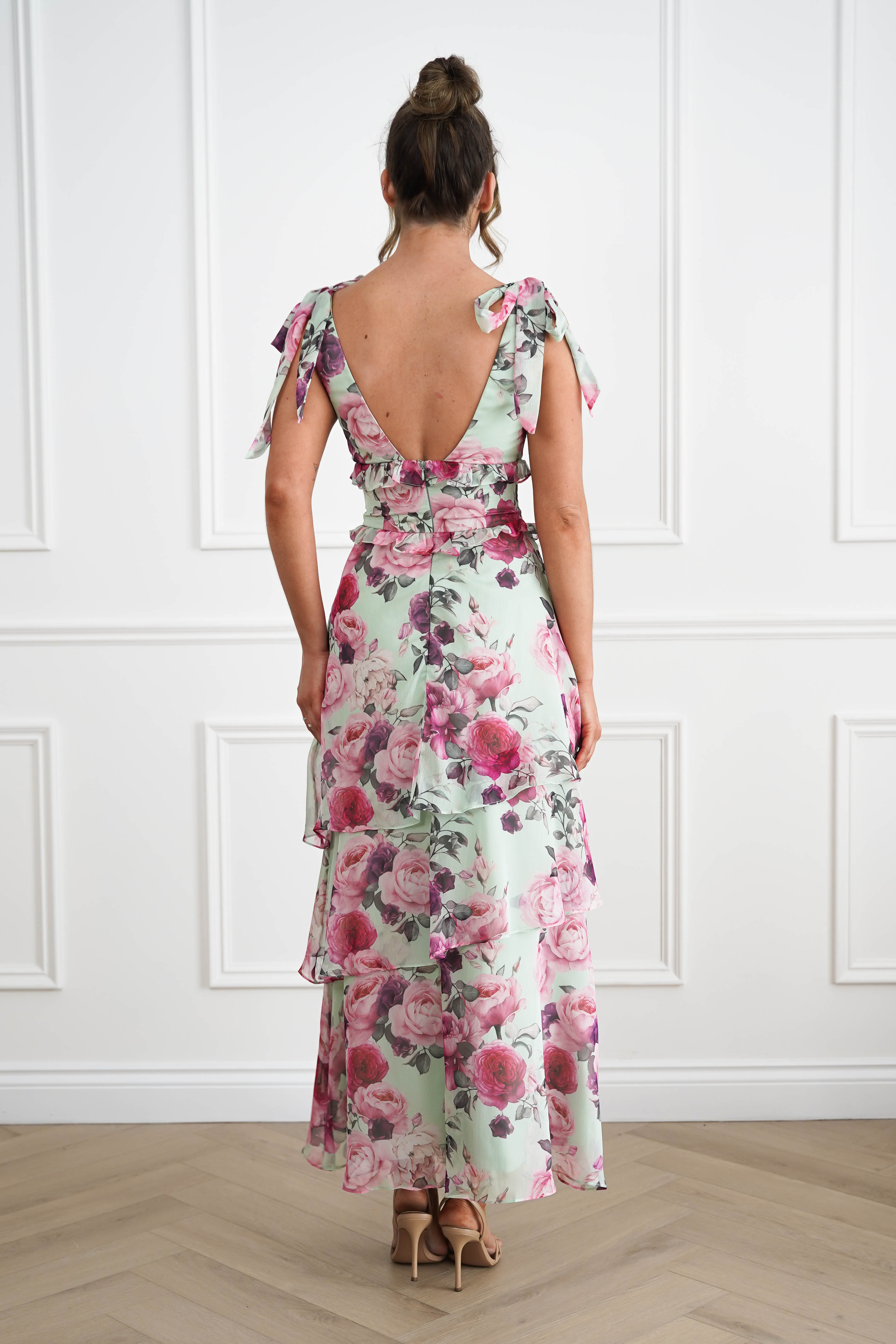 Oh Hello Clothing Women > Clothing > Dresses 1*DONE -SASHA-65023J01-SAGE AND FLORAL ROSE Print Tiered Maxi Dress