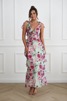 Oh Hello Clothing Women > Clothing > Dresses 1*DONE -SASHA-65023J01-SAGE AND FLORAL ROSE Print Tiered Maxi Dress