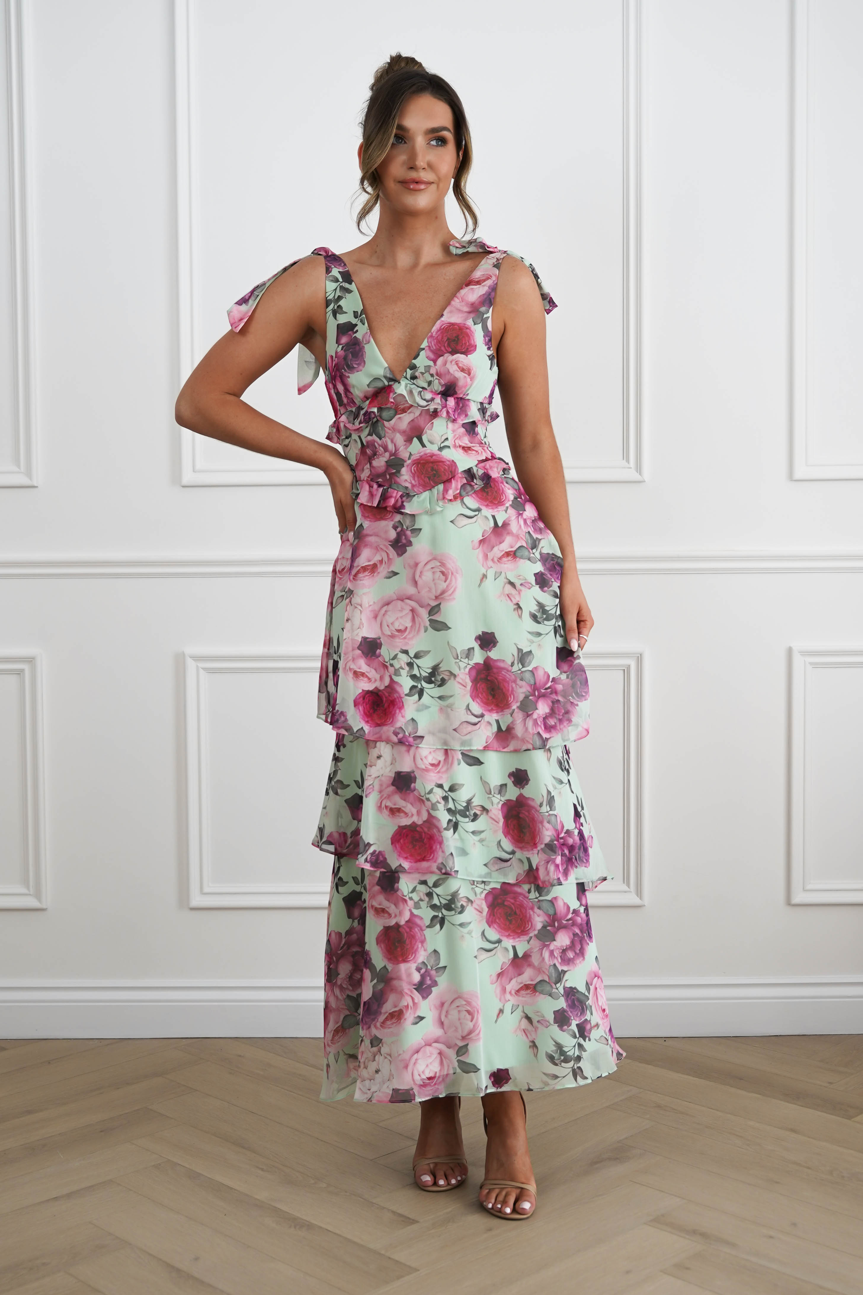 Oh Hello Clothing Women > Clothing > Dresses 1*DONE -SASHA-65023J01-SAGE AND FLORAL ROSE Print Tiered Maxi Dress