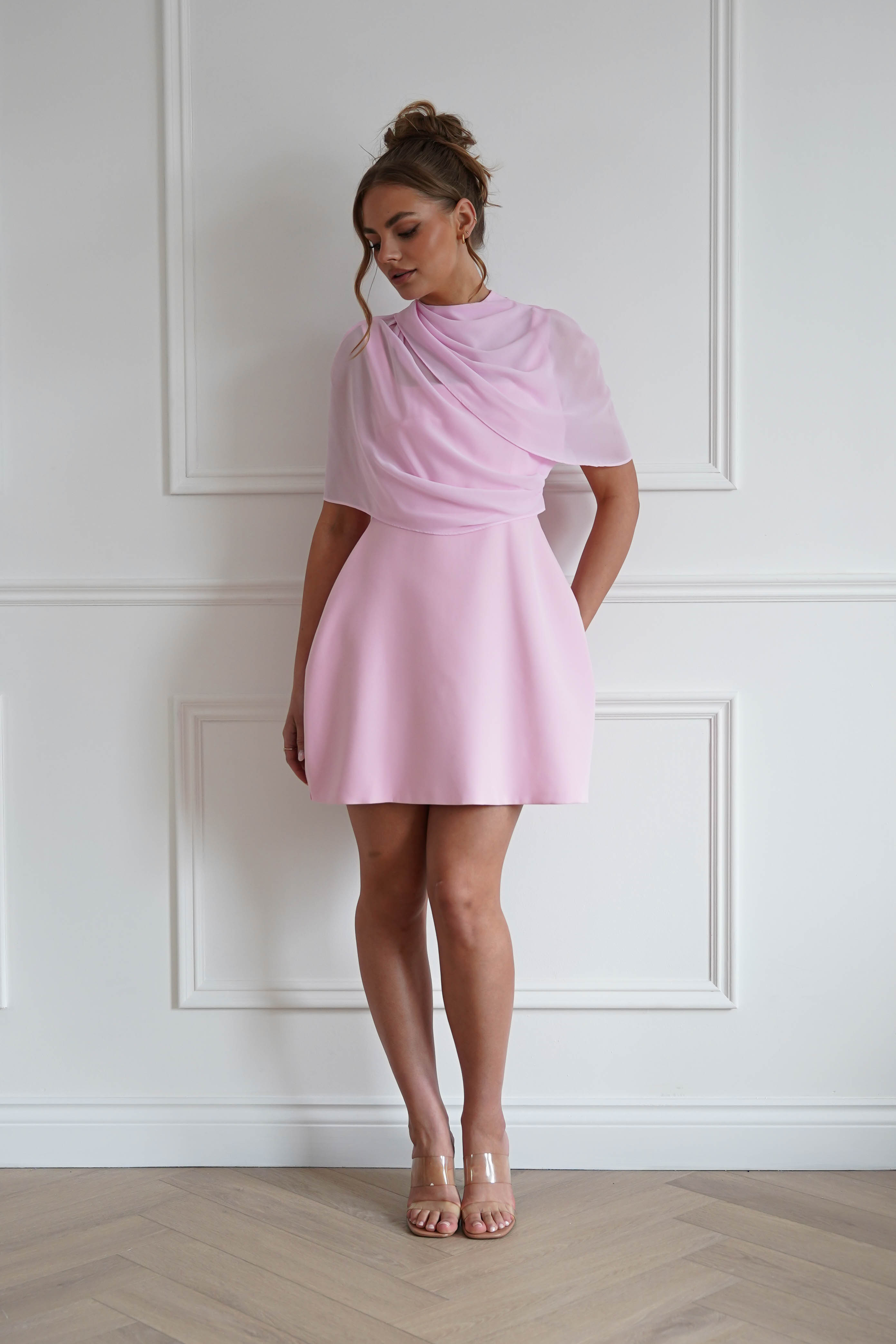 Oh Hello Clothing Women > Clothing > Dresses 1*Done- Sasha-KA0226J03- Pink mini dress with a sheer chiffon overlay