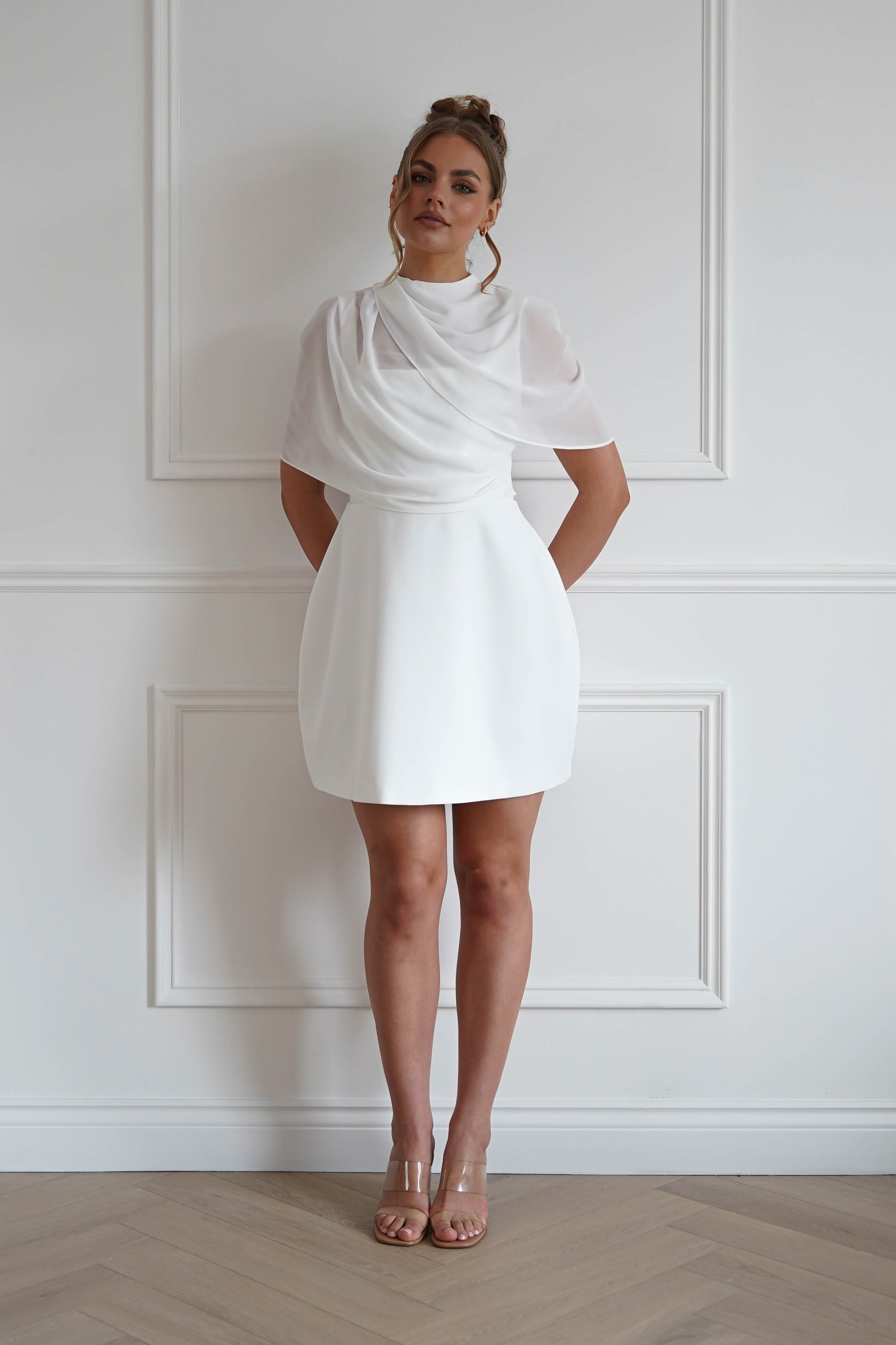 Oh Hello Clothing Women > Clothing > Dresses 1*Done- Sasha-KA0226J03- white mini dress with a sheer chiffon overlay (Copy)