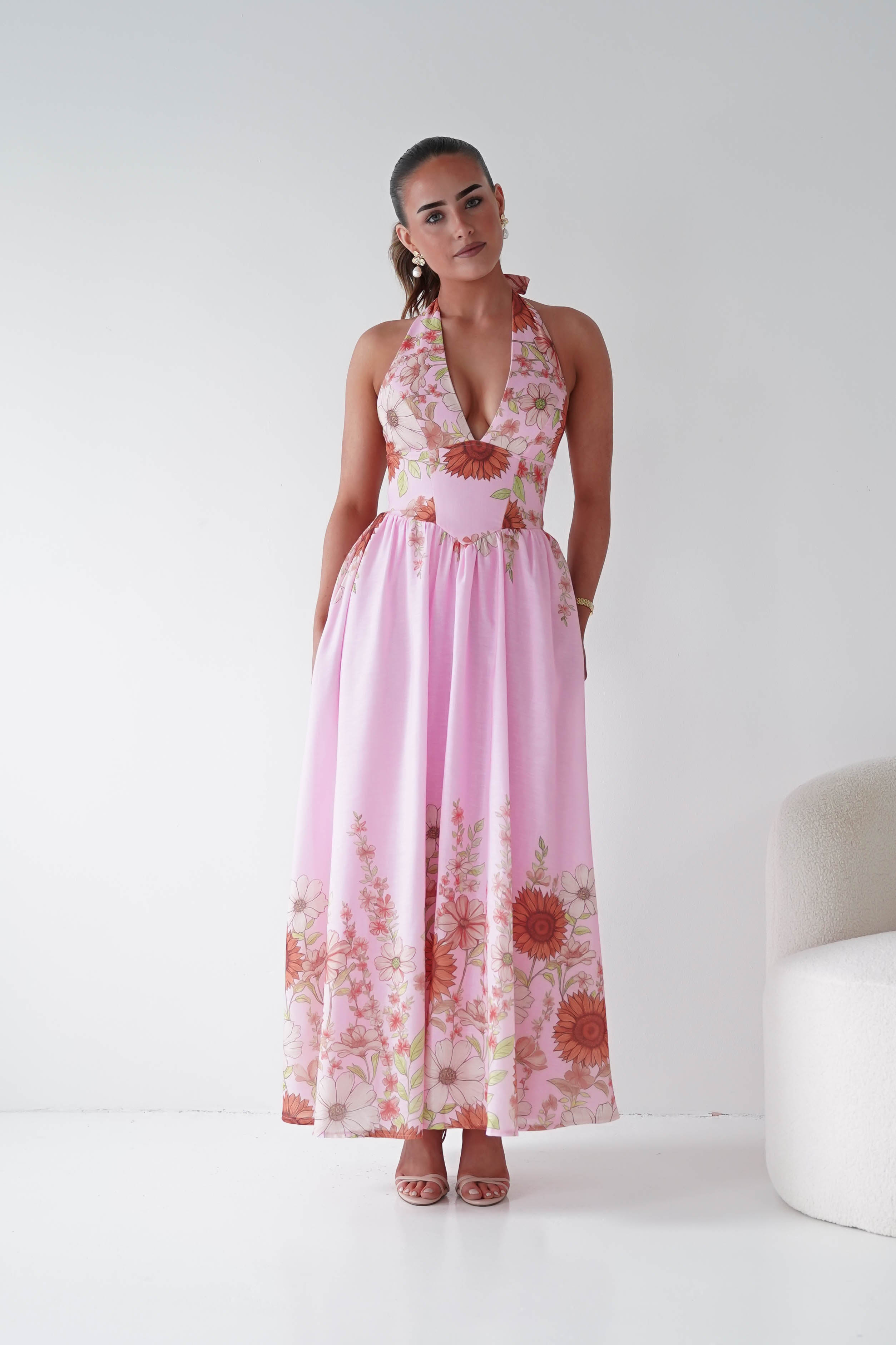 Oh Hello Clothing Women > Clothing > Dresses 1*DONE -SASHA-Pink Floral halter Maxi Dress-64784D05