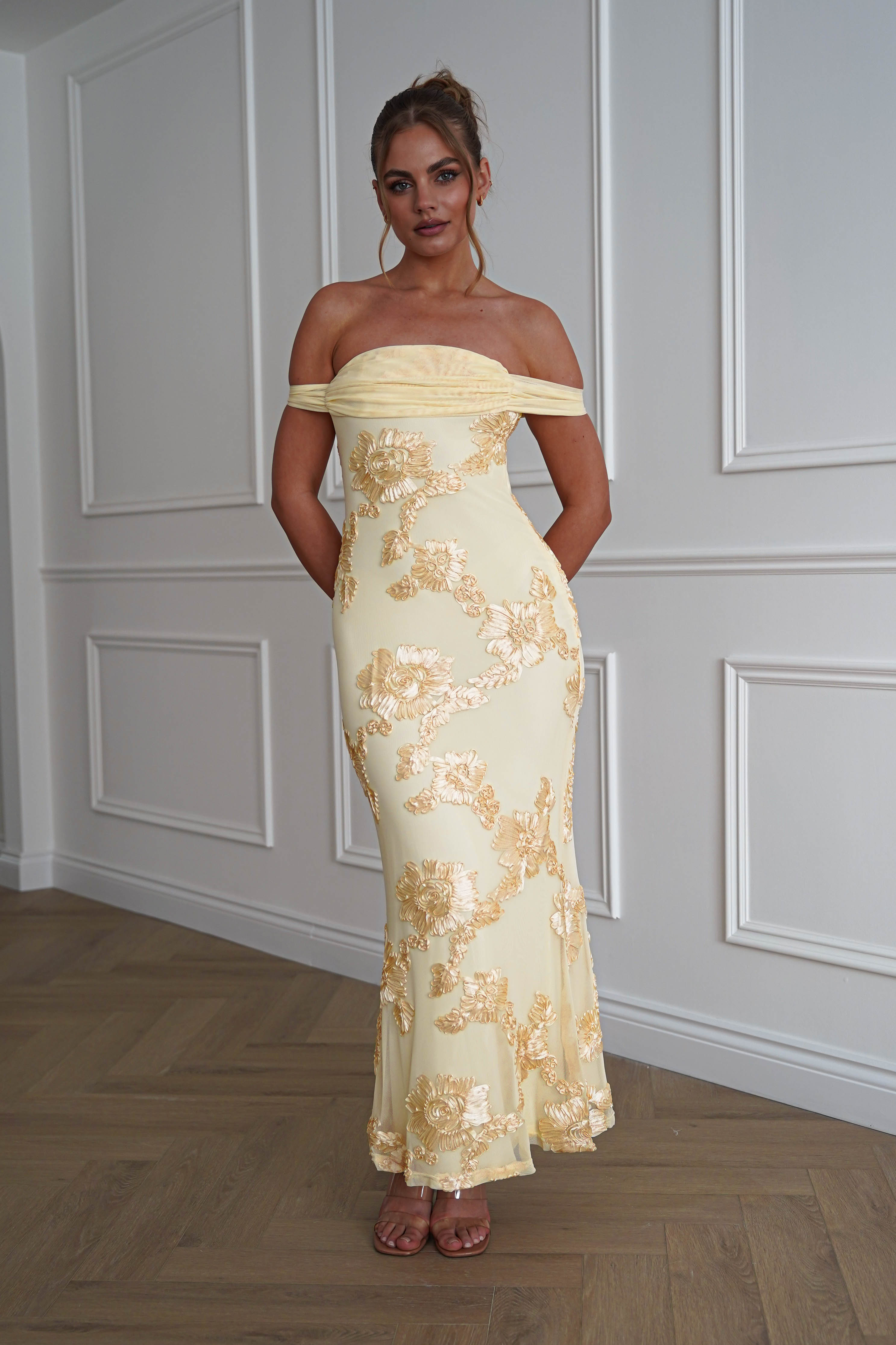 Oh Hello Clothing Dresses > Prom Dresses 1*DONE-SHAREEN-MD10102-YELLOW MESH STRAPLESS DRESS.