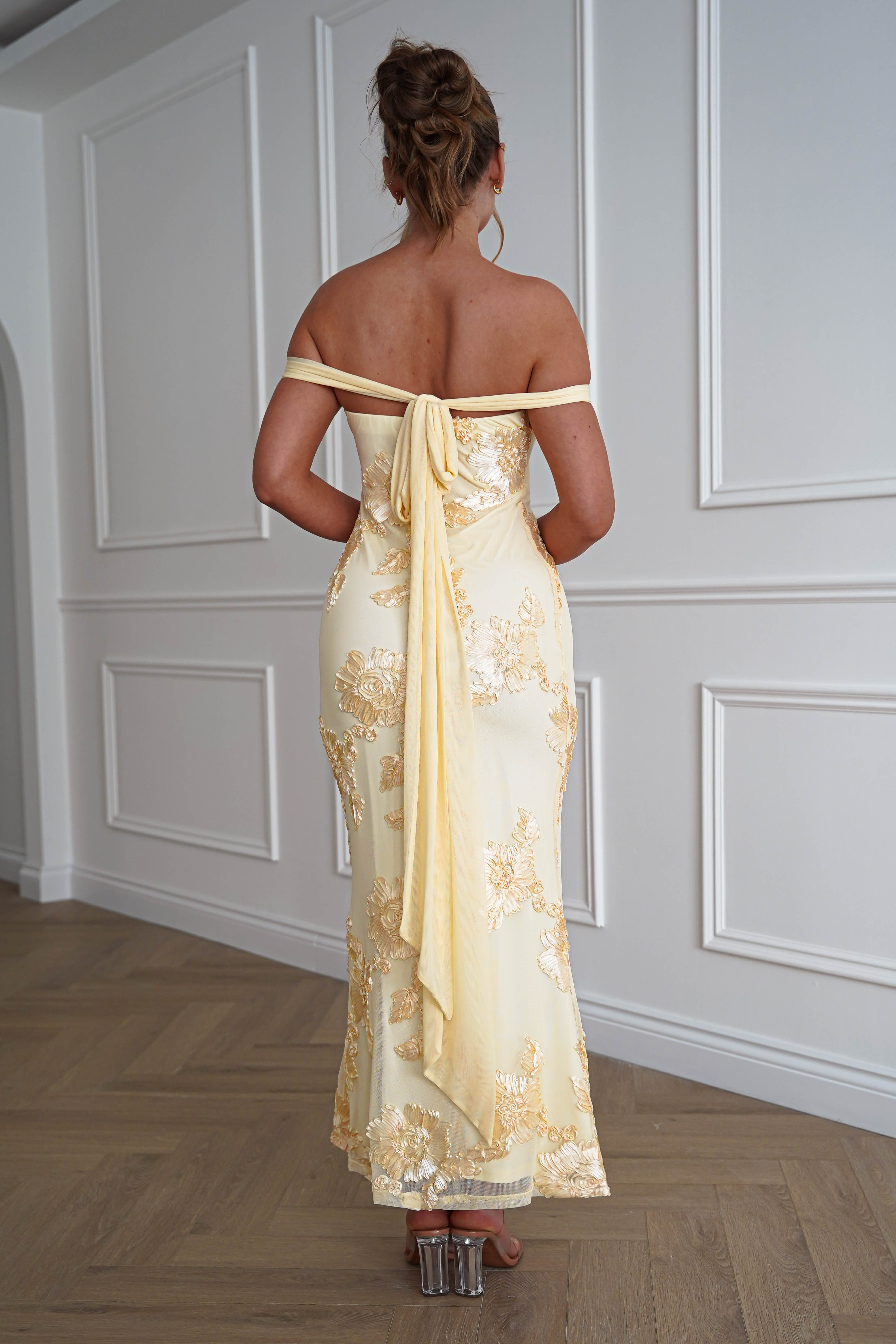 Oh Hello Clothing Dresses > Prom Dresses 1*DONE-SHAREEN-MD10102-YELLOW MESH STRAPLESS DRESS.