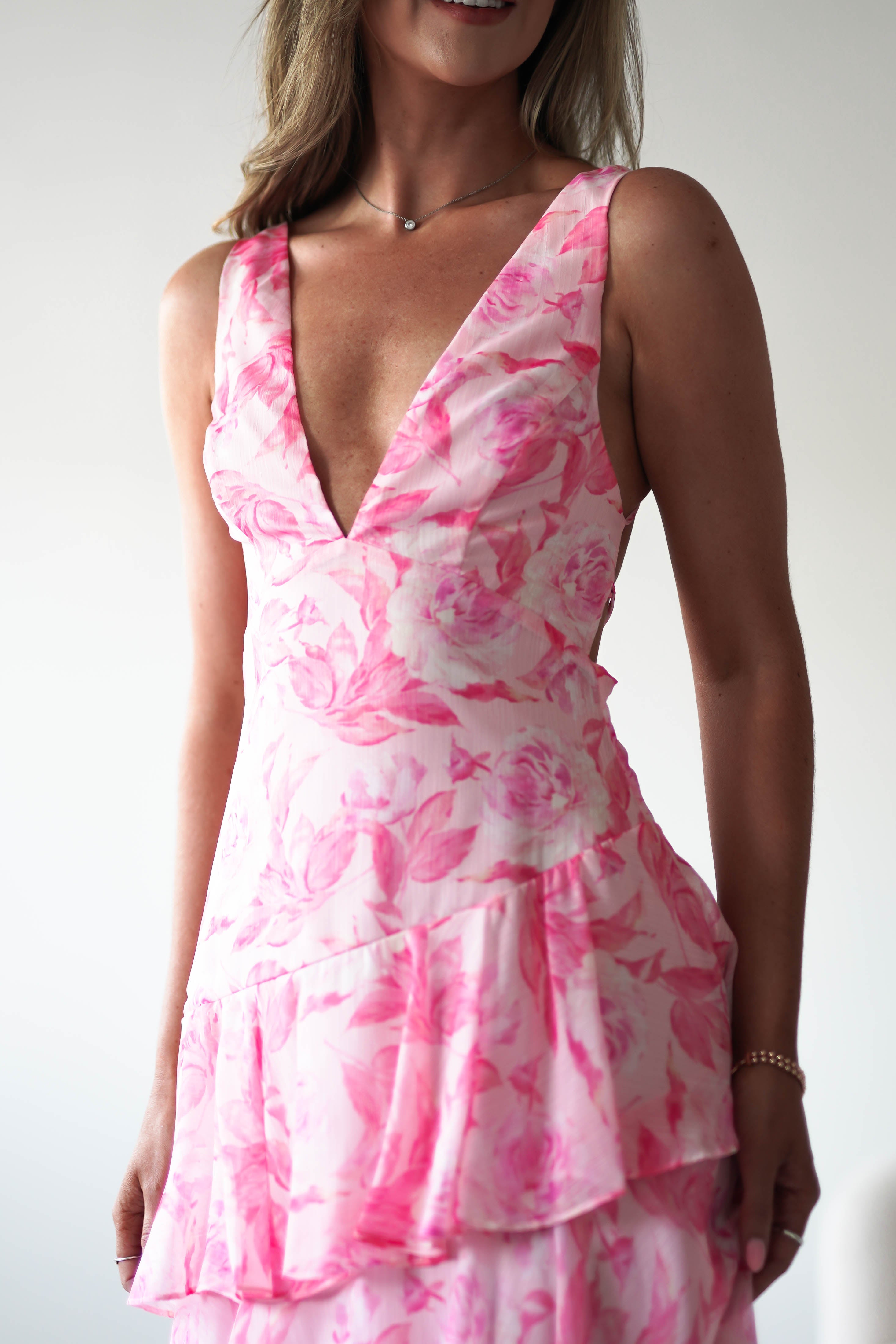 Quincy Floral Ruffle Maxi Dress Pink Print | Wedding Guest Dress | Maxi | Oh Hello Clothing
