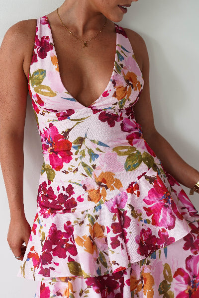 Katrina Floral Print Cotton Ruffle Maxi Dress Pink | Wedding Guest Dress | Maxi | Oh Hello Clothing
