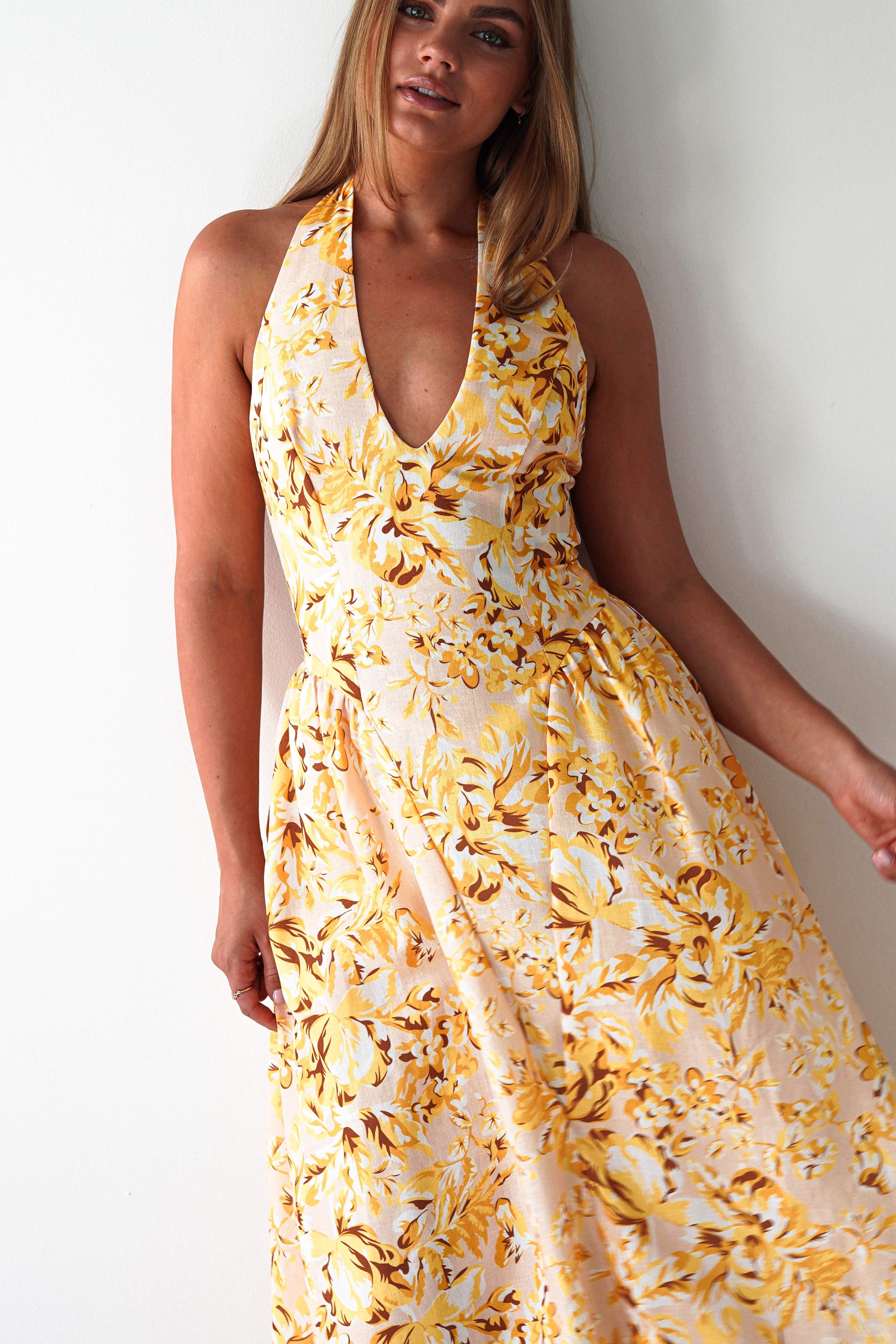Mina Halterneck Floral Skater Maxi Dress Yellow | Wedding Guest Dress | Halter Neck | Maxi | Oh Hello Clothing