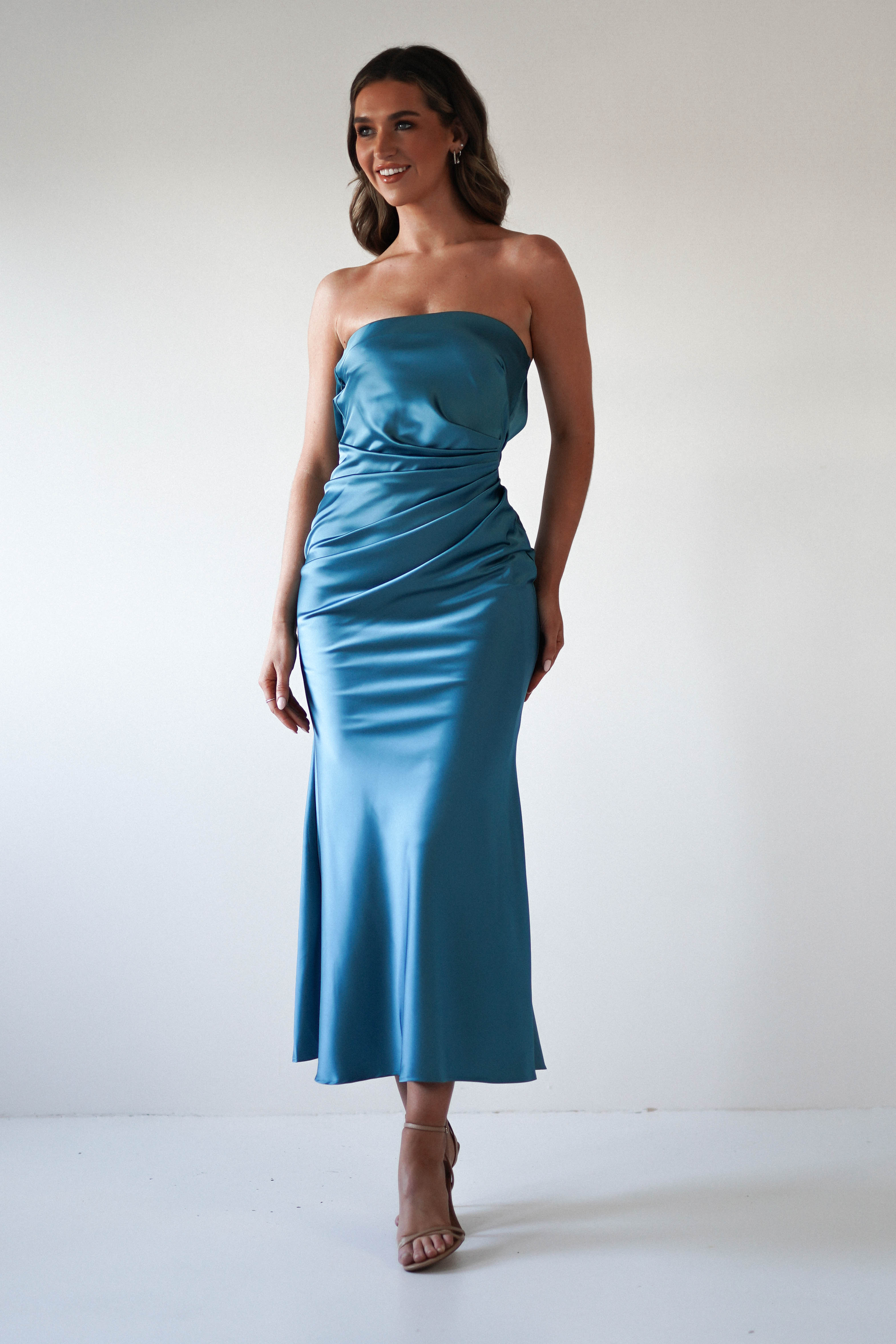 Allegra Robin Blue Gathered Midaxi Dress | Oh Hello Clothing | Oh Hello Clothing