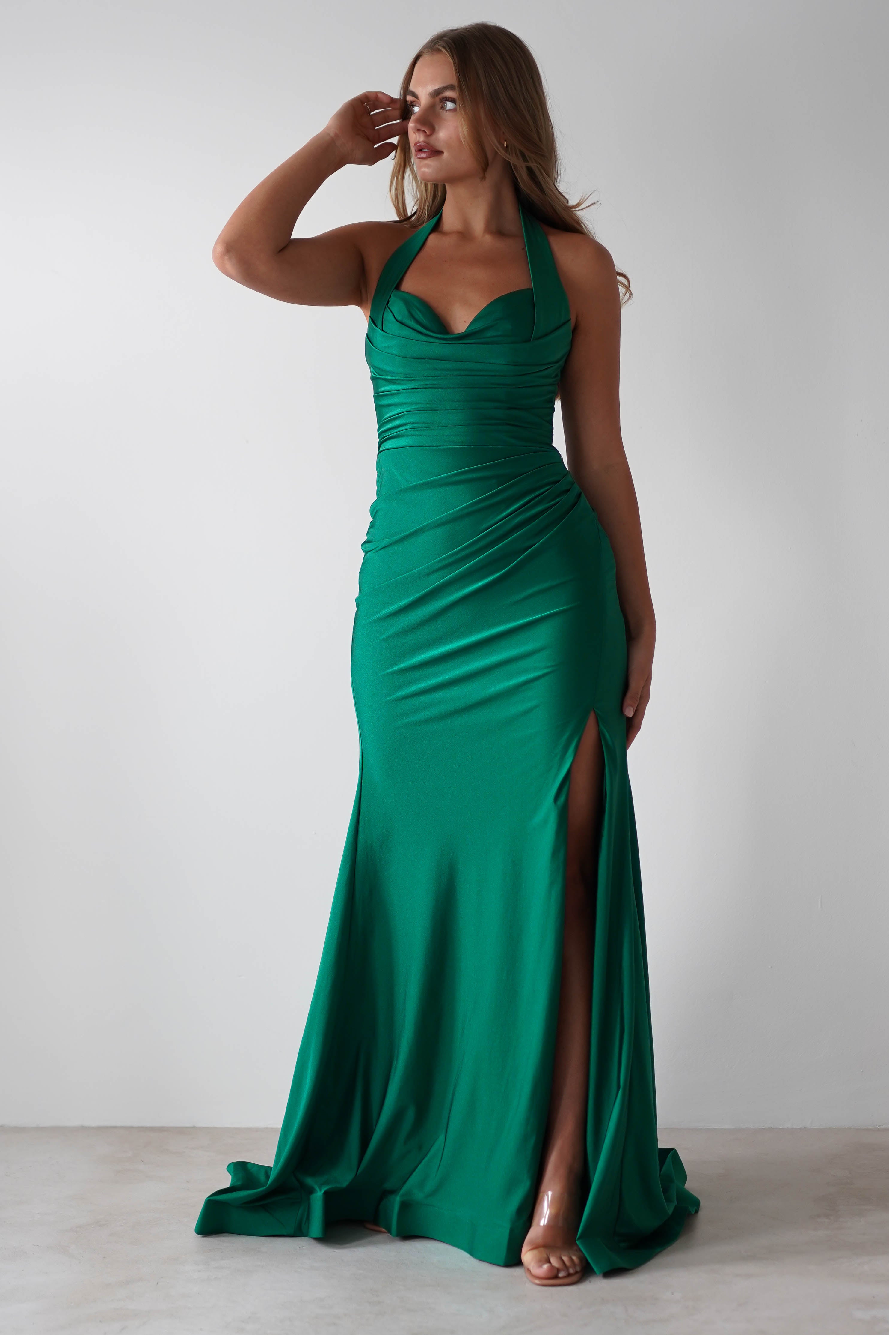 Adele Stretchy Halterneck Gown | Green | Debs & Prom | Formal Gown | Oh Hello Clothing