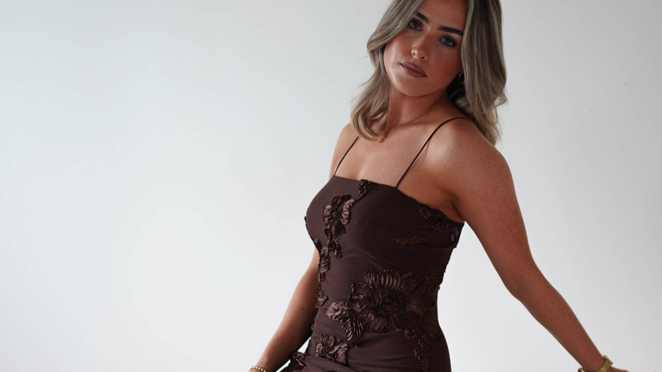 Alvana Floral Appliqué Maxi Dress Brown | Wedding Guest Dress | Maxi | Oh Hello Clothing