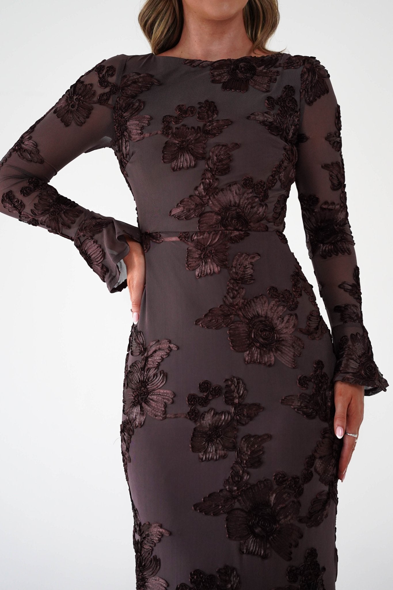 Amelita Long Sleeve Textured Maxi Dress Brown | Wedding Guest Dress | Long Sleeve | Maxi | Oh Hello Clothing