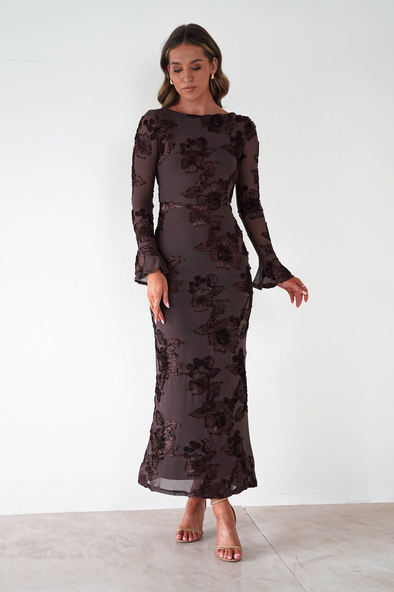 Amelita Long Sleeve Textured Maxi Dress Brown | Wedding Guest Dress | Long Sleeve | Maxi | Oh Hello Clothing