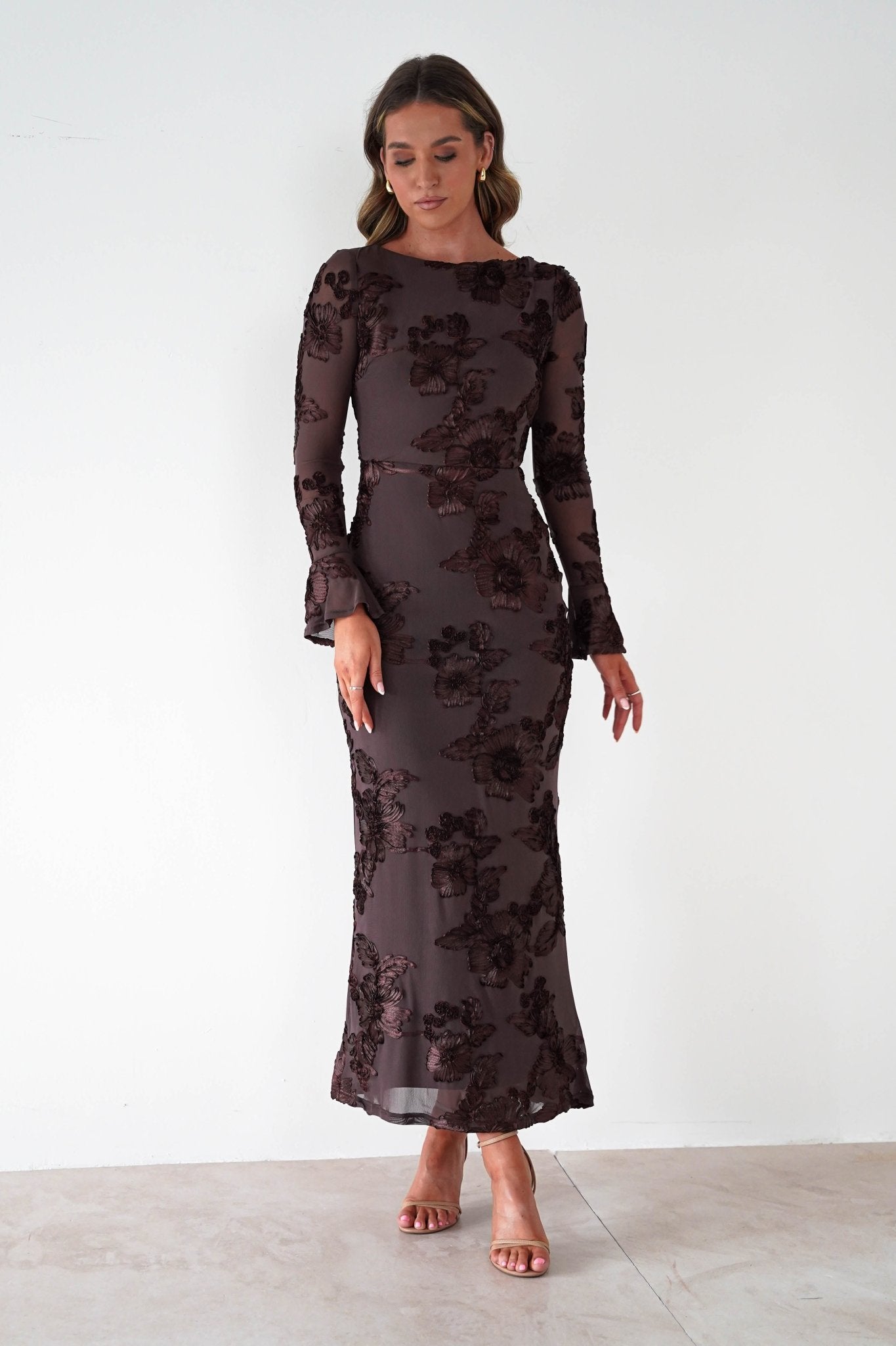 Amelita Long Sleeve Textured Maxi Dress Brown | Wedding Guest Dress | Long Sleeve | Maxi | Oh Hello Clothing