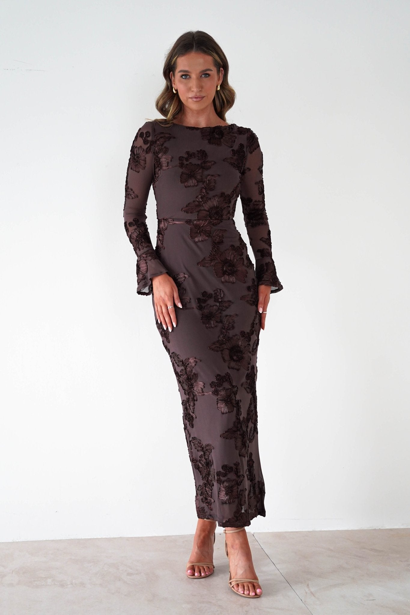 Amelita Long Sleeve Textured Maxi Dress Brown | Wedding Guest Dress | Long Sleeve | Maxi | Oh Hello Clothing