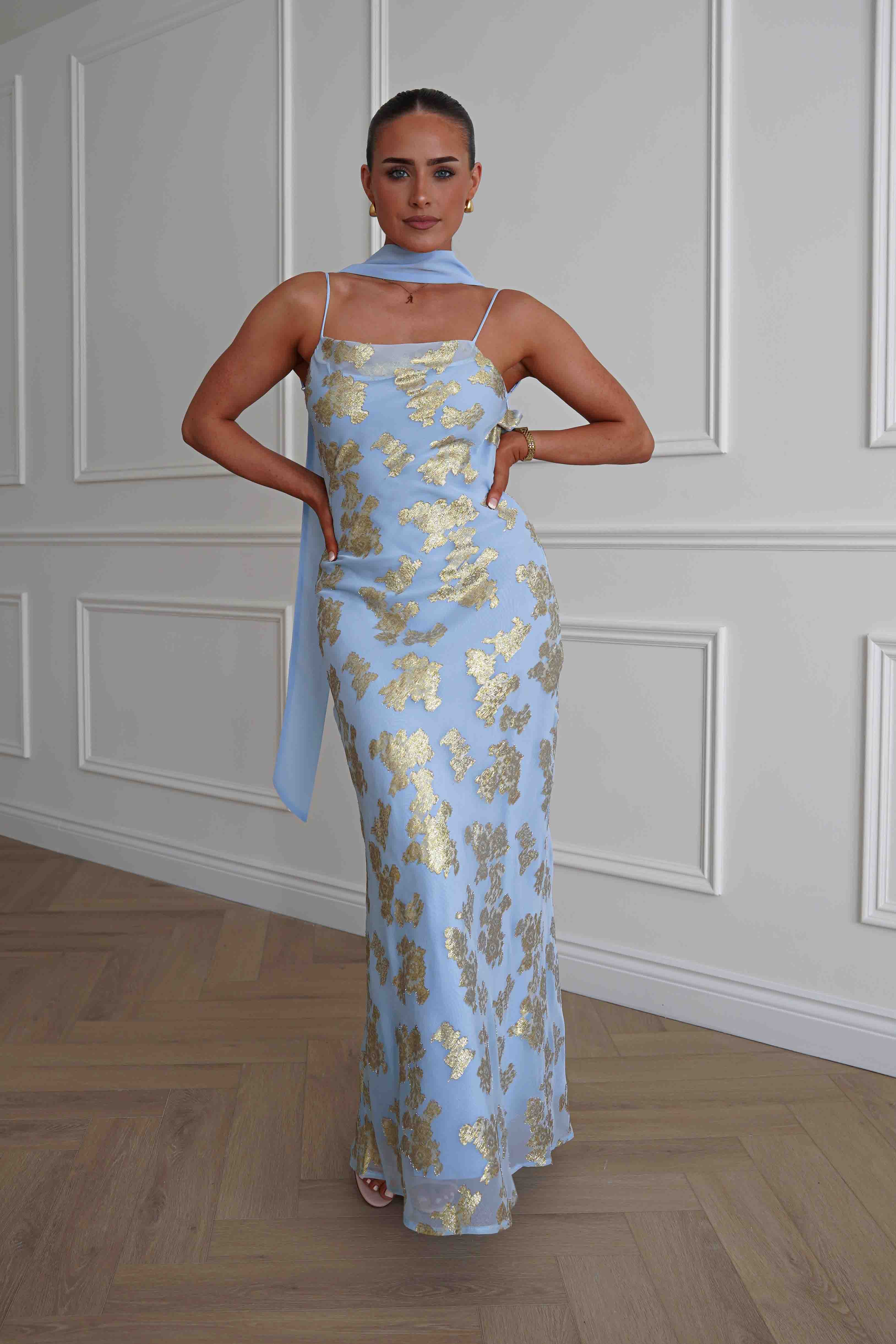 Oh Hello Clothing Women > Clothing > Dresses Auria Gold Textured Floral Applique Maxi Dress | Blue
