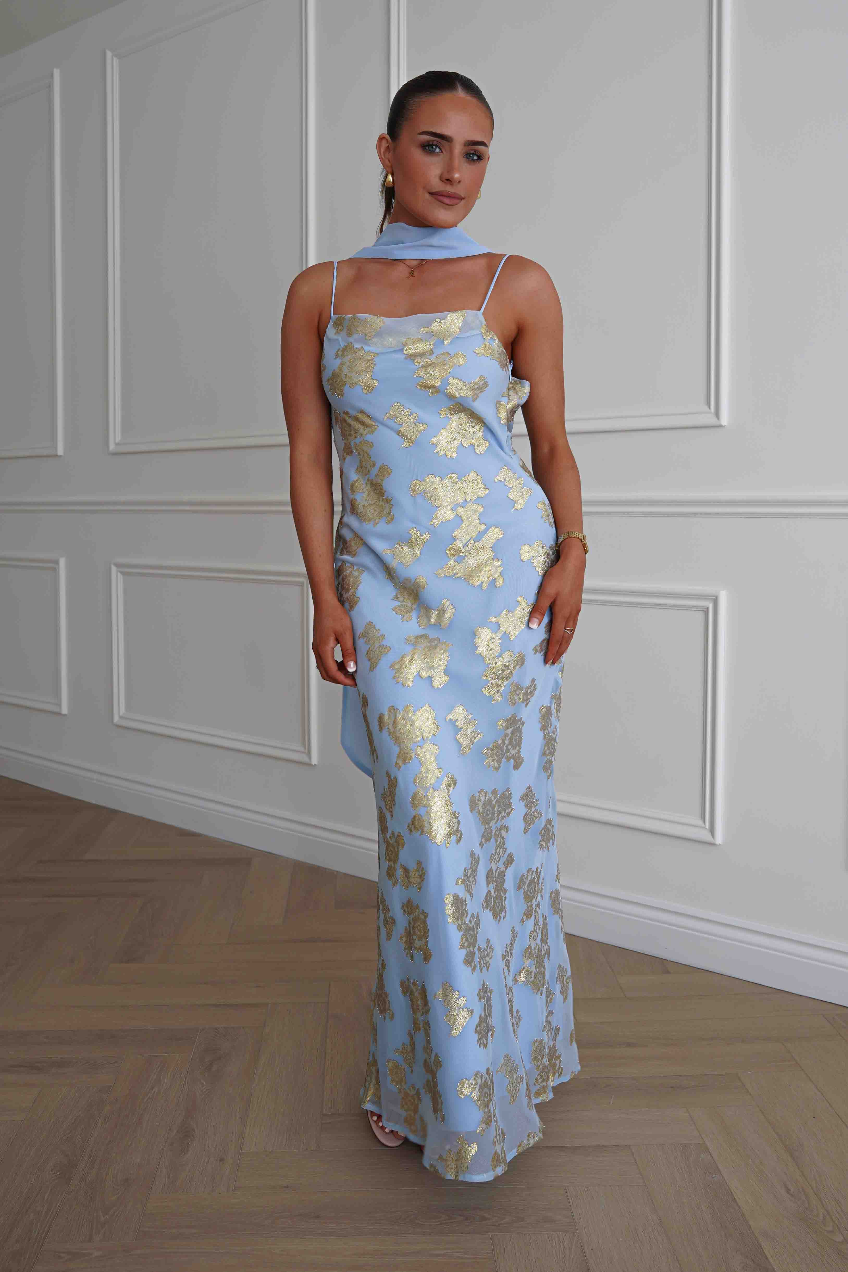 Oh Hello Clothing Women > Clothing > Dresses Auria Gold Textured Floral Applique Maxi Dress | Blue