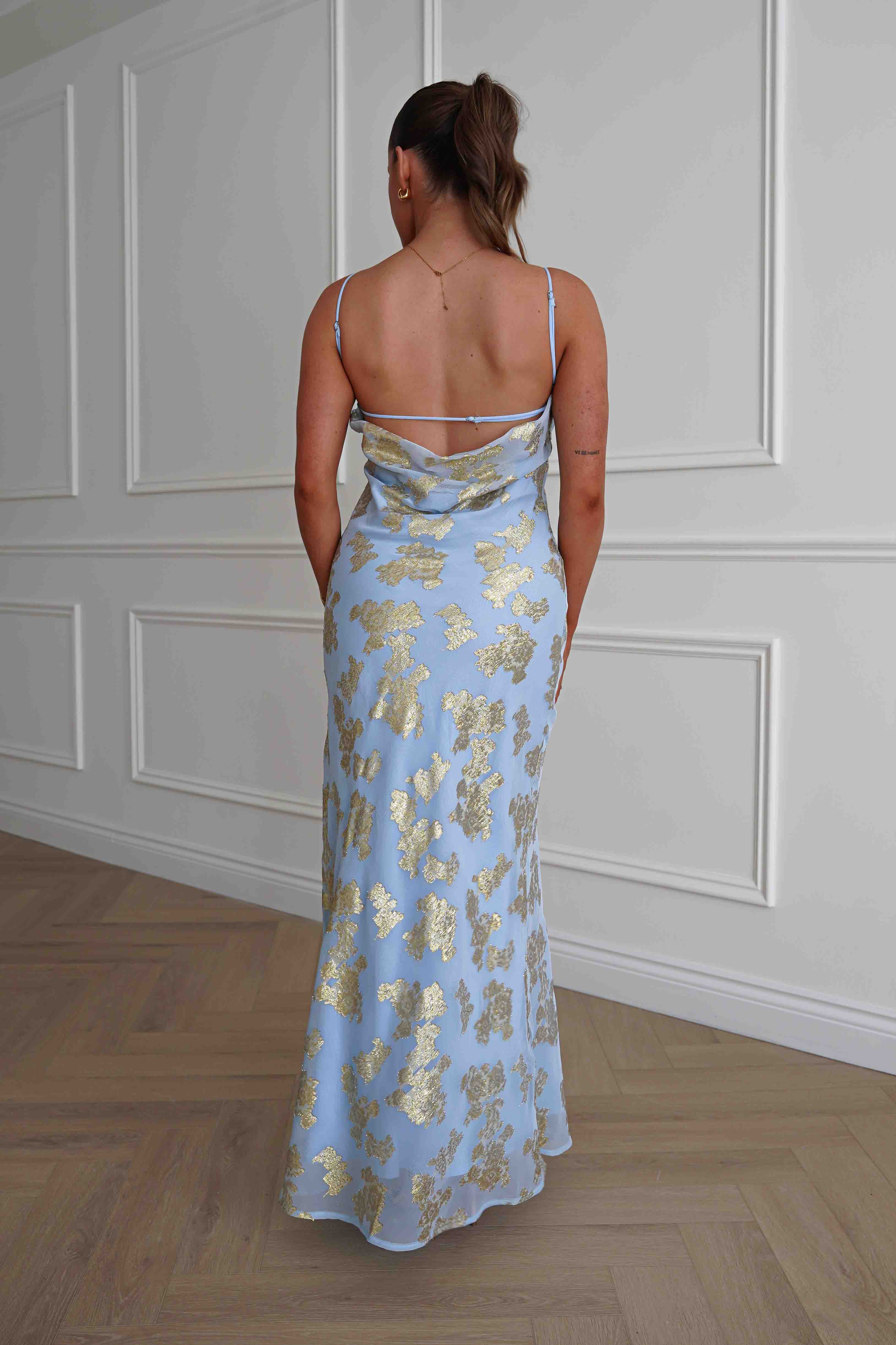 Oh Hello Clothing Women > Clothing > Dresses Auria Gold Textured Floral Applique Maxi Dress | Blue