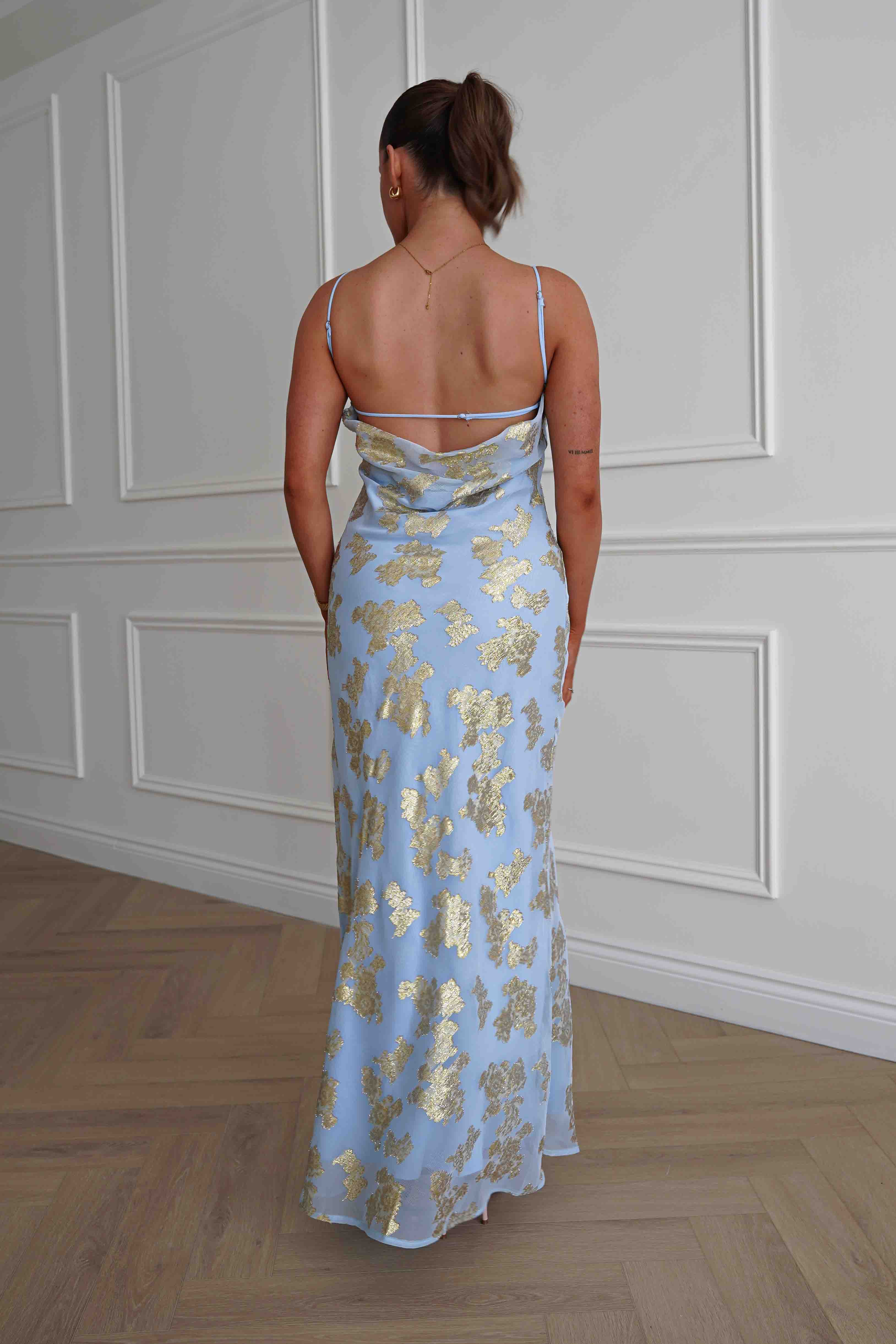 Oh Hello Clothing Women > Clothing > Dresses Auria Gold Textured Floral Applique Maxi Dress | Blue