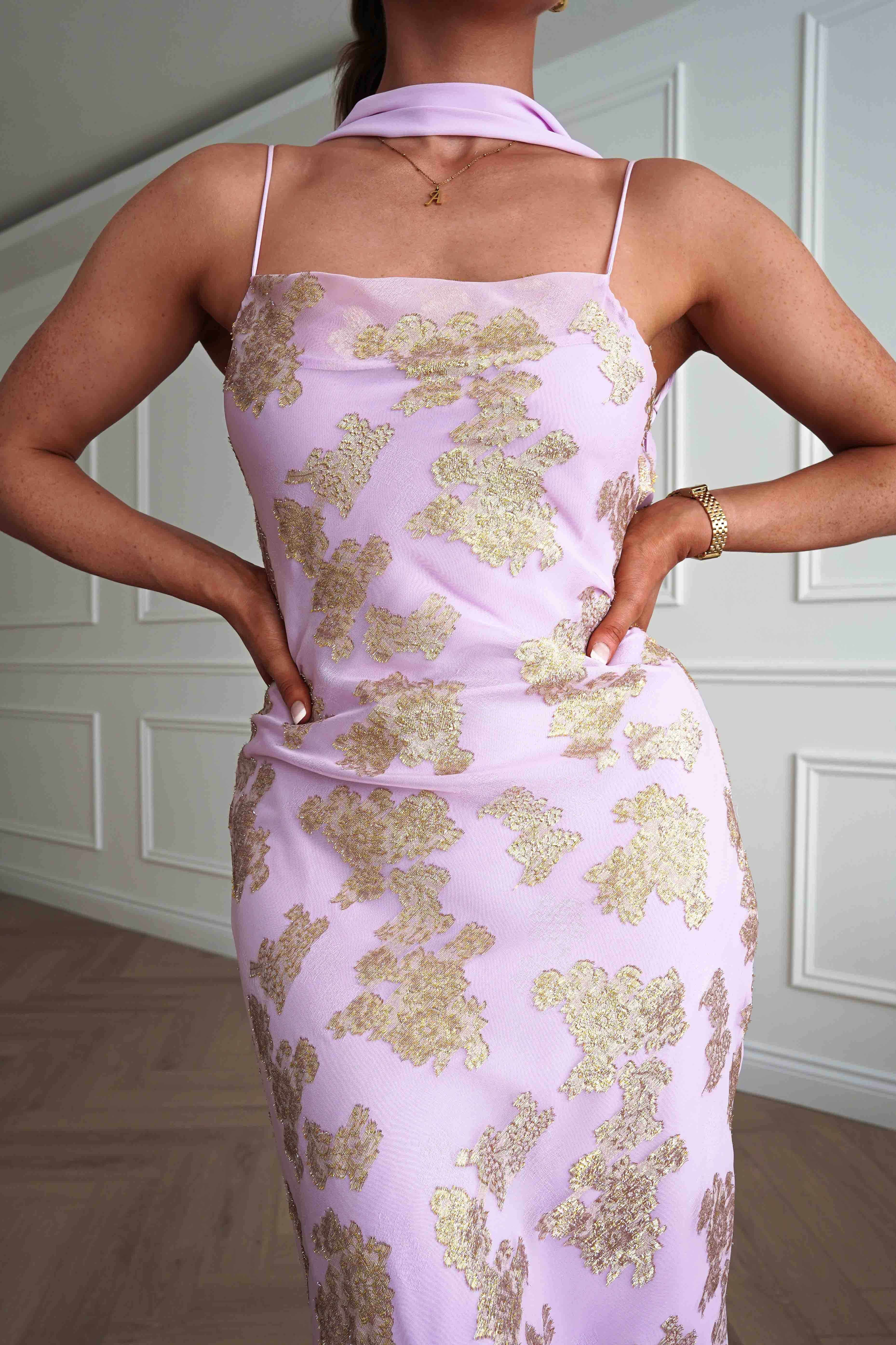 Oh Hello Clothing Women > Clothing > Dresses Auria Gold Textured Floral Applique Maxi Dress | Pink