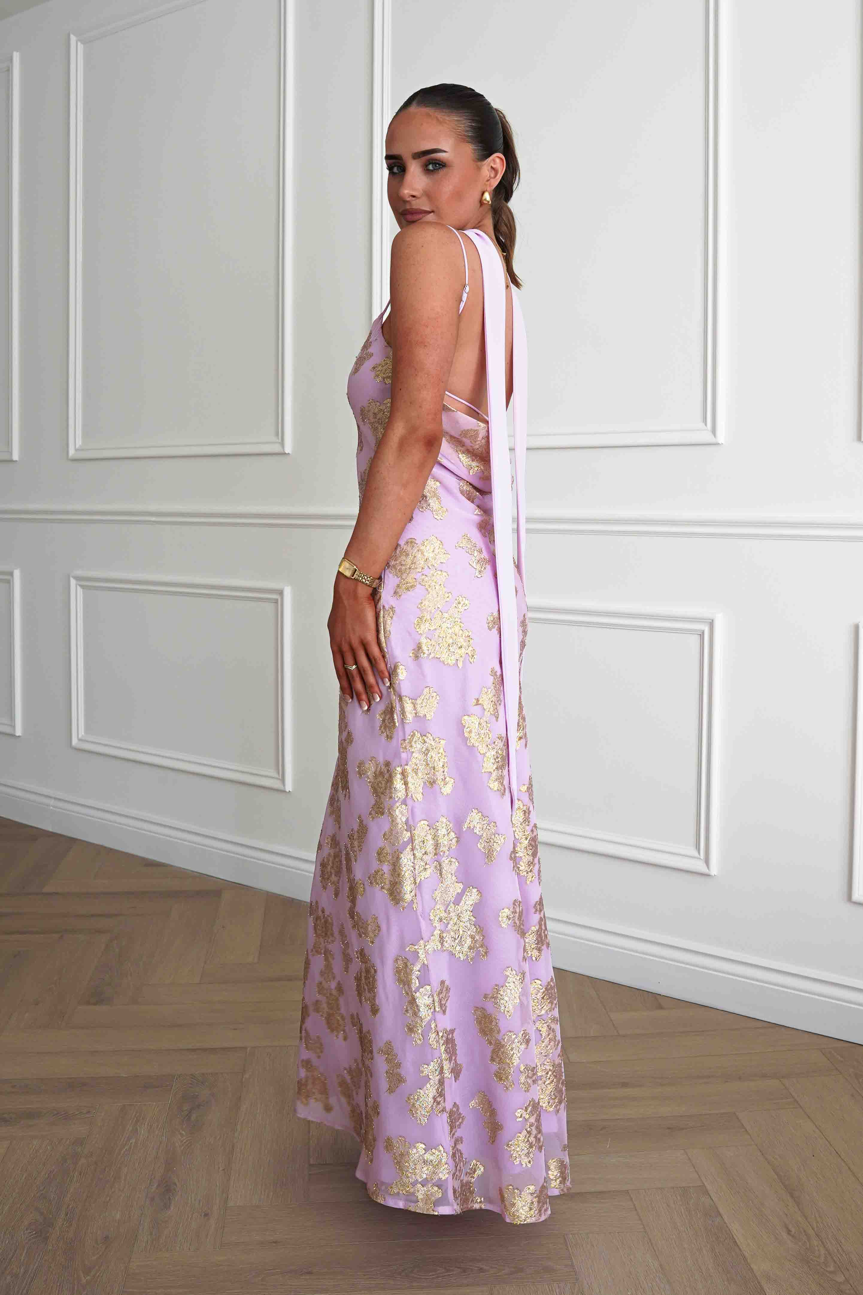 Oh Hello Clothing Women > Clothing > Dresses Auria Gold Textured Floral Applique Maxi Dress | Pink