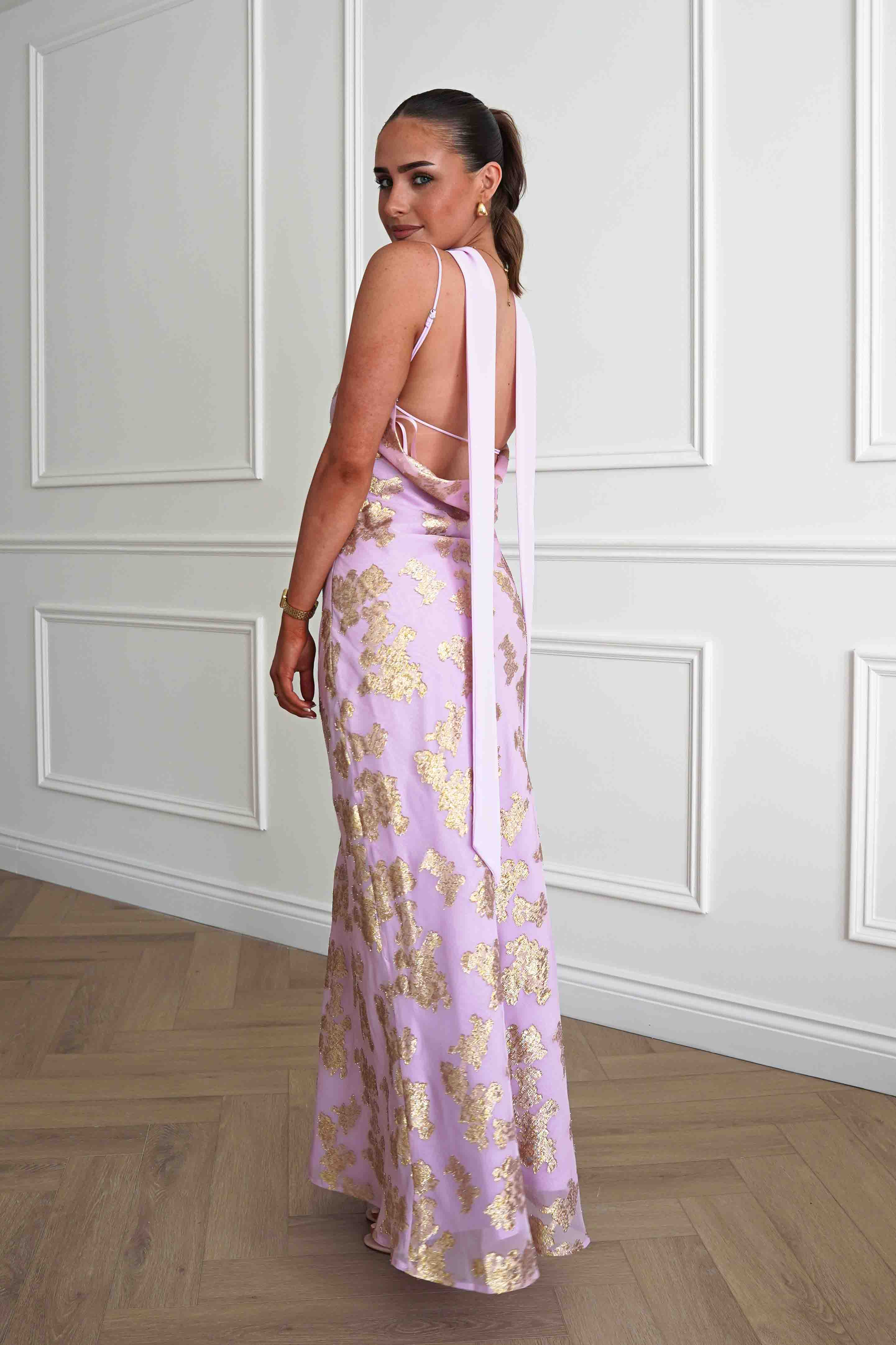 Oh Hello Clothing Women > Clothing > Dresses Auria Gold Textured Floral Applique Maxi Dress | Pink