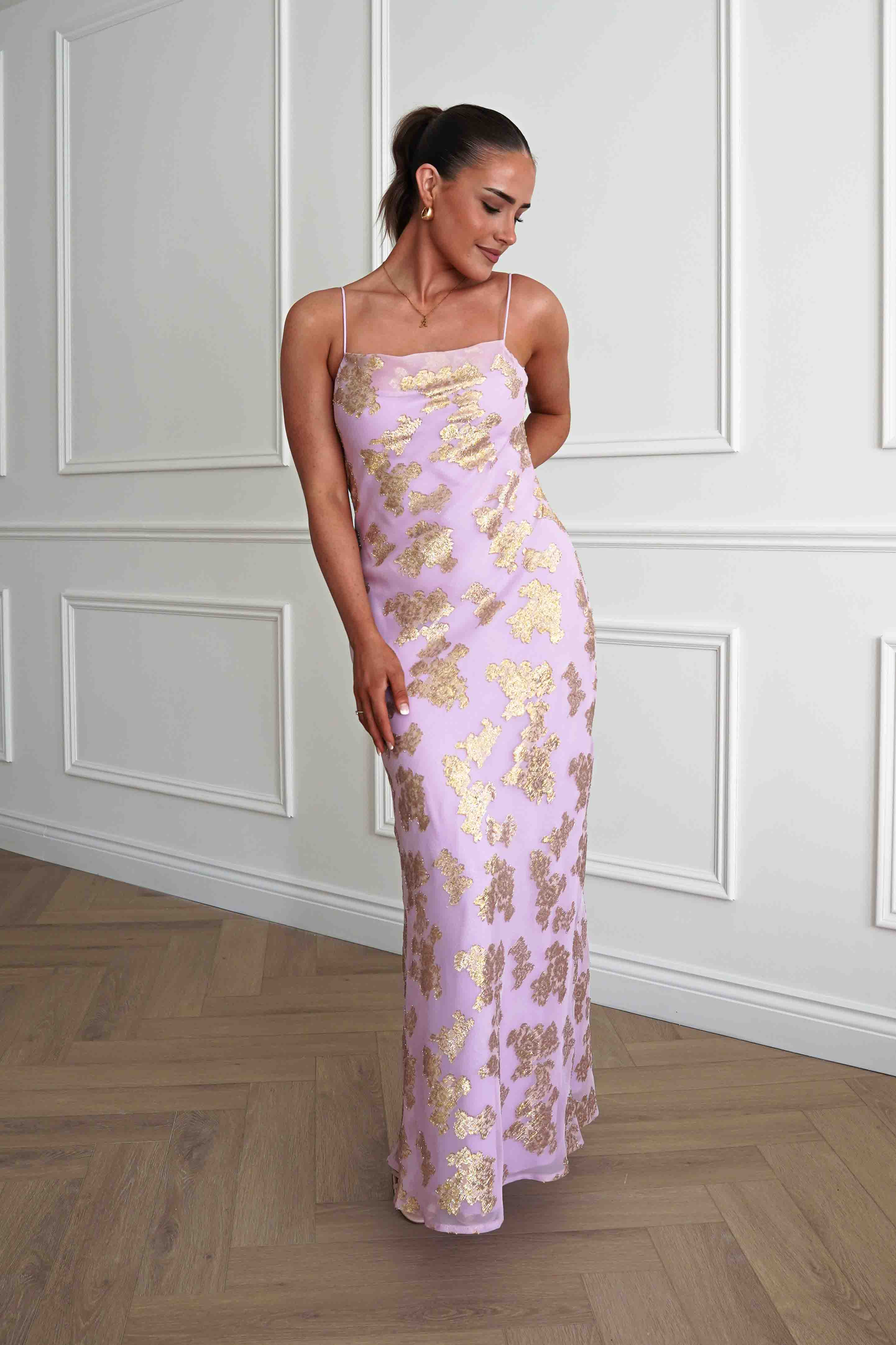Oh Hello Clothing Women > Clothing > Dresses Auria Gold Textured Floral Applique Maxi Dress | Pink