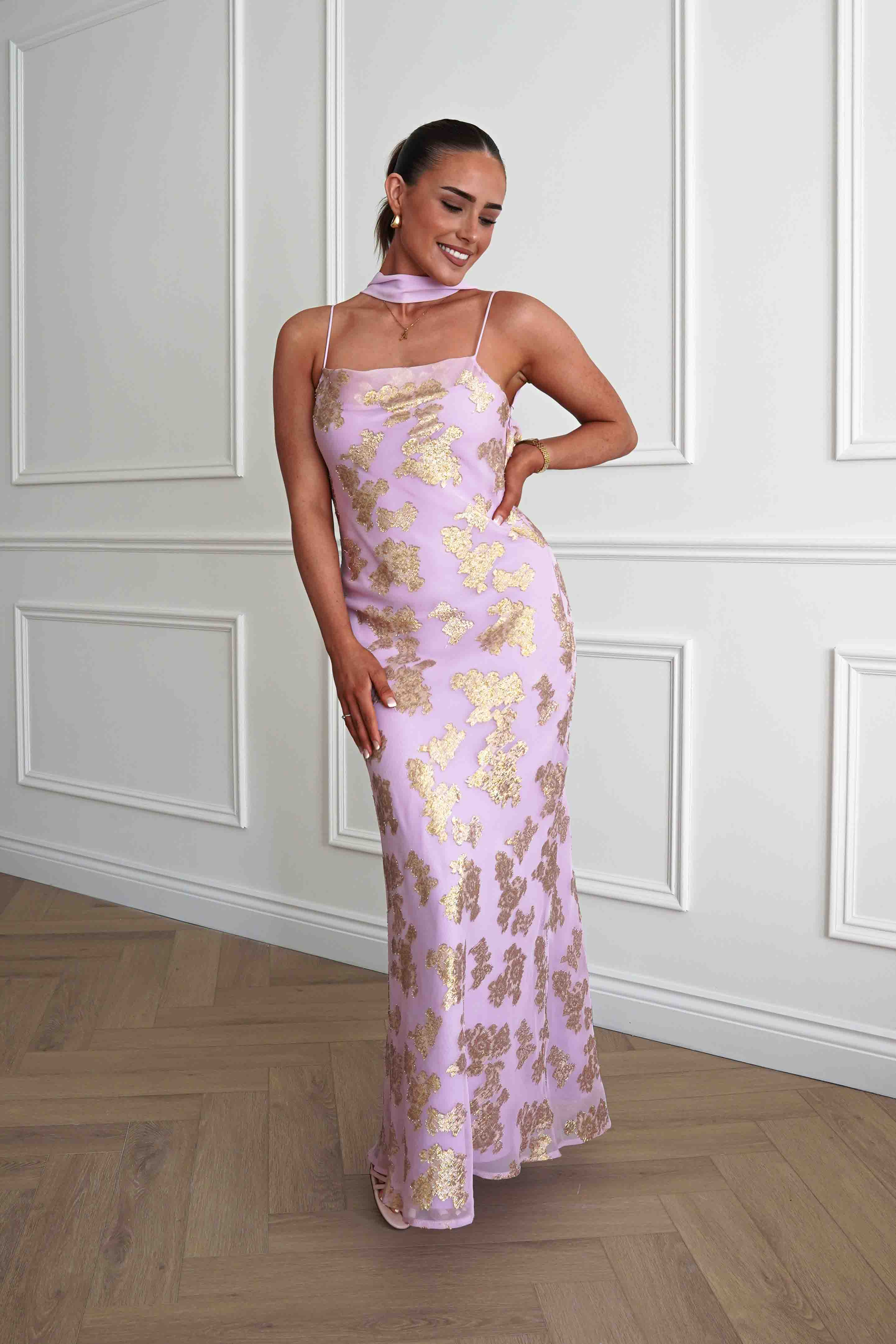 Oh Hello Clothing Women > Clothing > Dresses Auria Gold Textured Floral Applique Maxi Dress | Pink