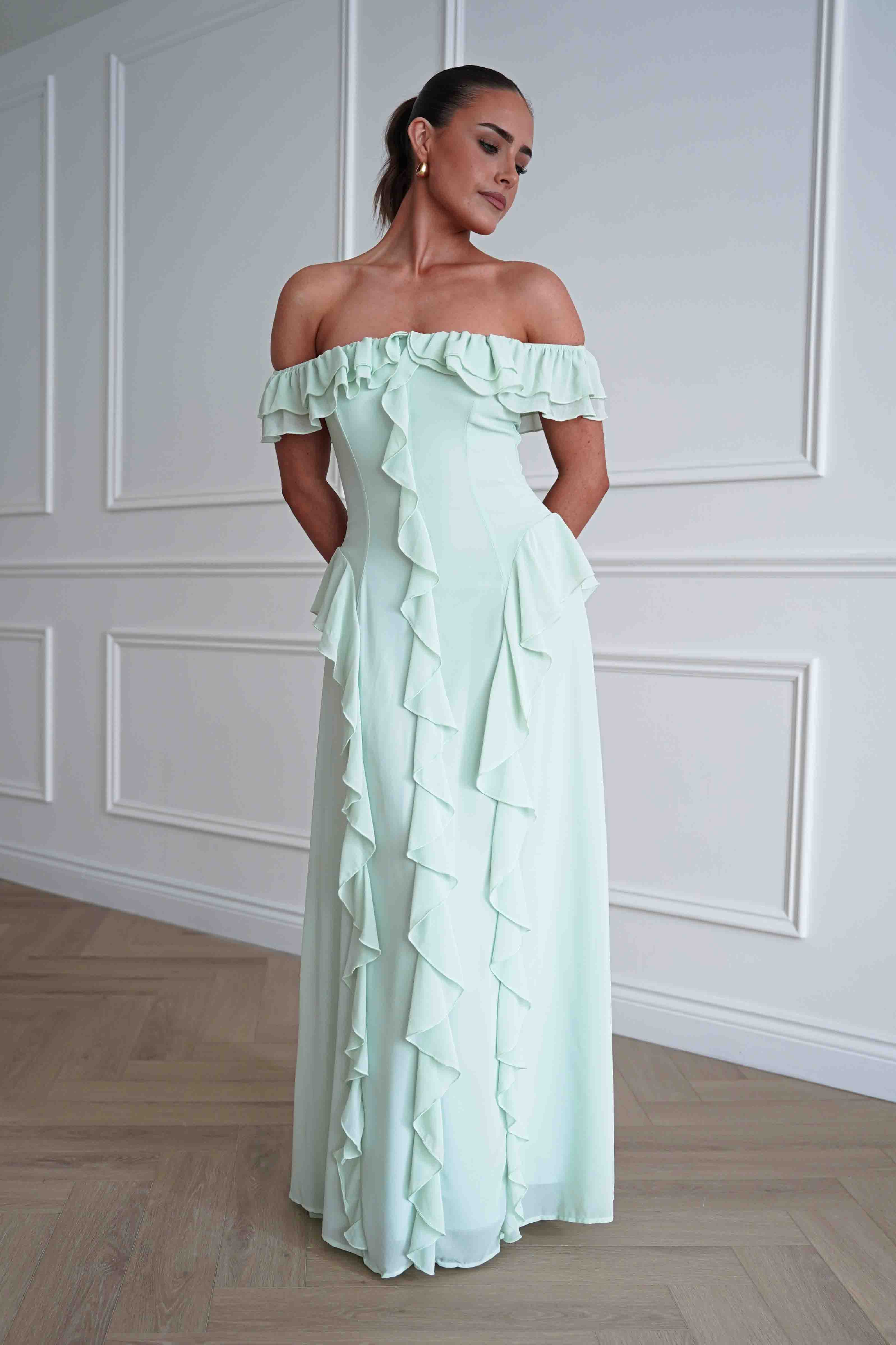 Oh Hello Clothing Dresses > Prom Dresses Billy Ruffle Detail Bardot Maxi Dress | Sage Green