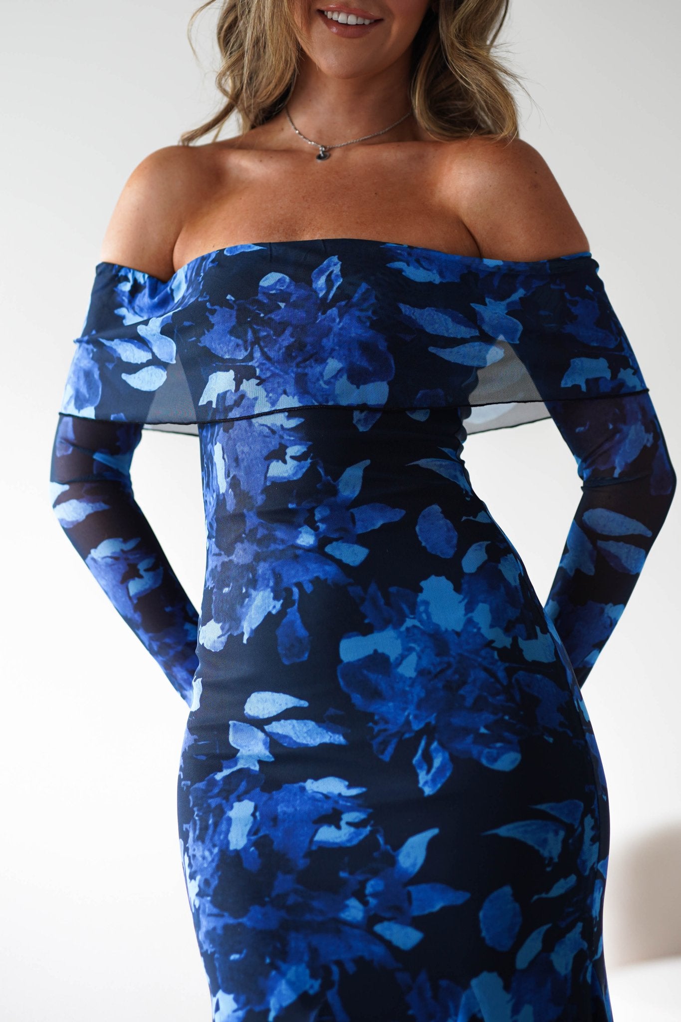 Bryanna Long Sleeve Mesh Maxi Dress Blue Floral | Wedding Guest Dress | Long Sleeve | Maxi | Oh Hello Clothing