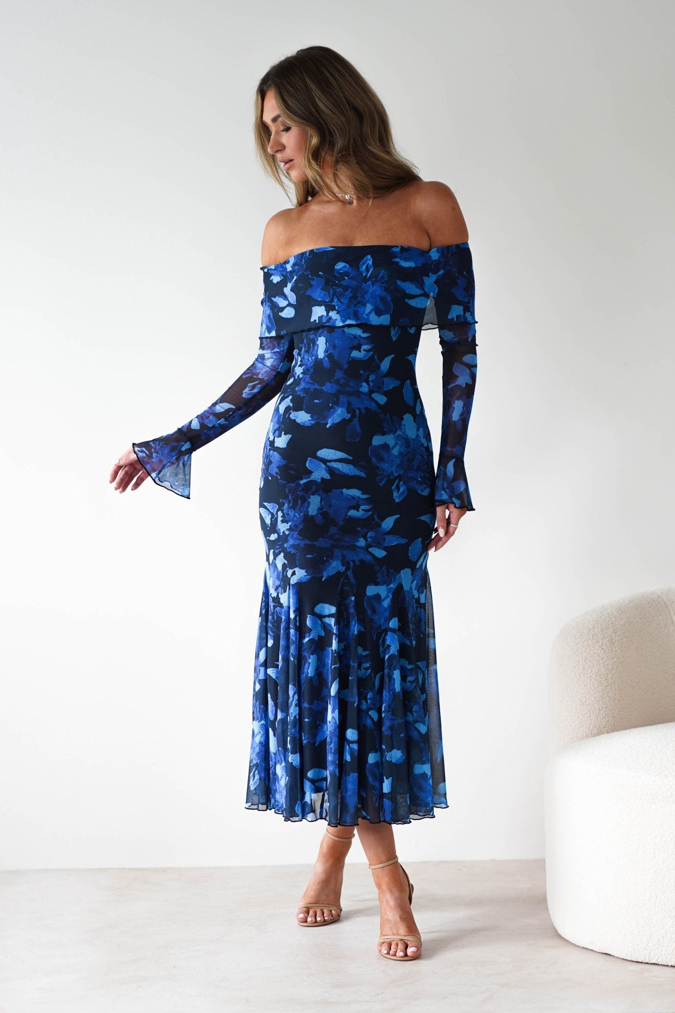 Bryanna Long Sleeve Mesh Maxi Dress Blue Floral | Wedding Guest Dress | Long Sleeve | Maxi | Oh Hello Clothing