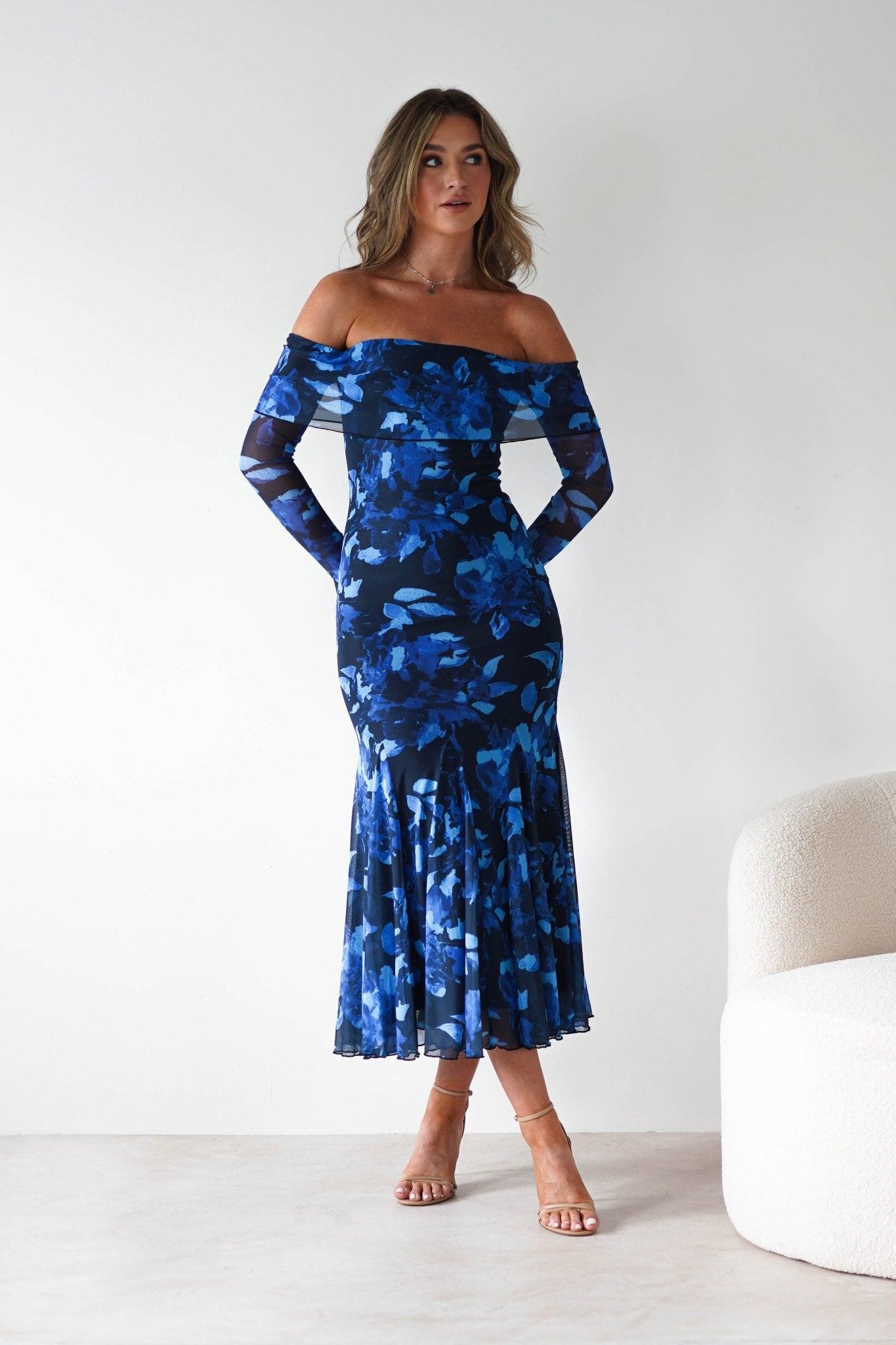 Bryanna Long Sleeve Mesh Maxi Dress Blue Floral | Wedding Guest Dress | Long Sleeve | Maxi | Oh Hello Clothing
