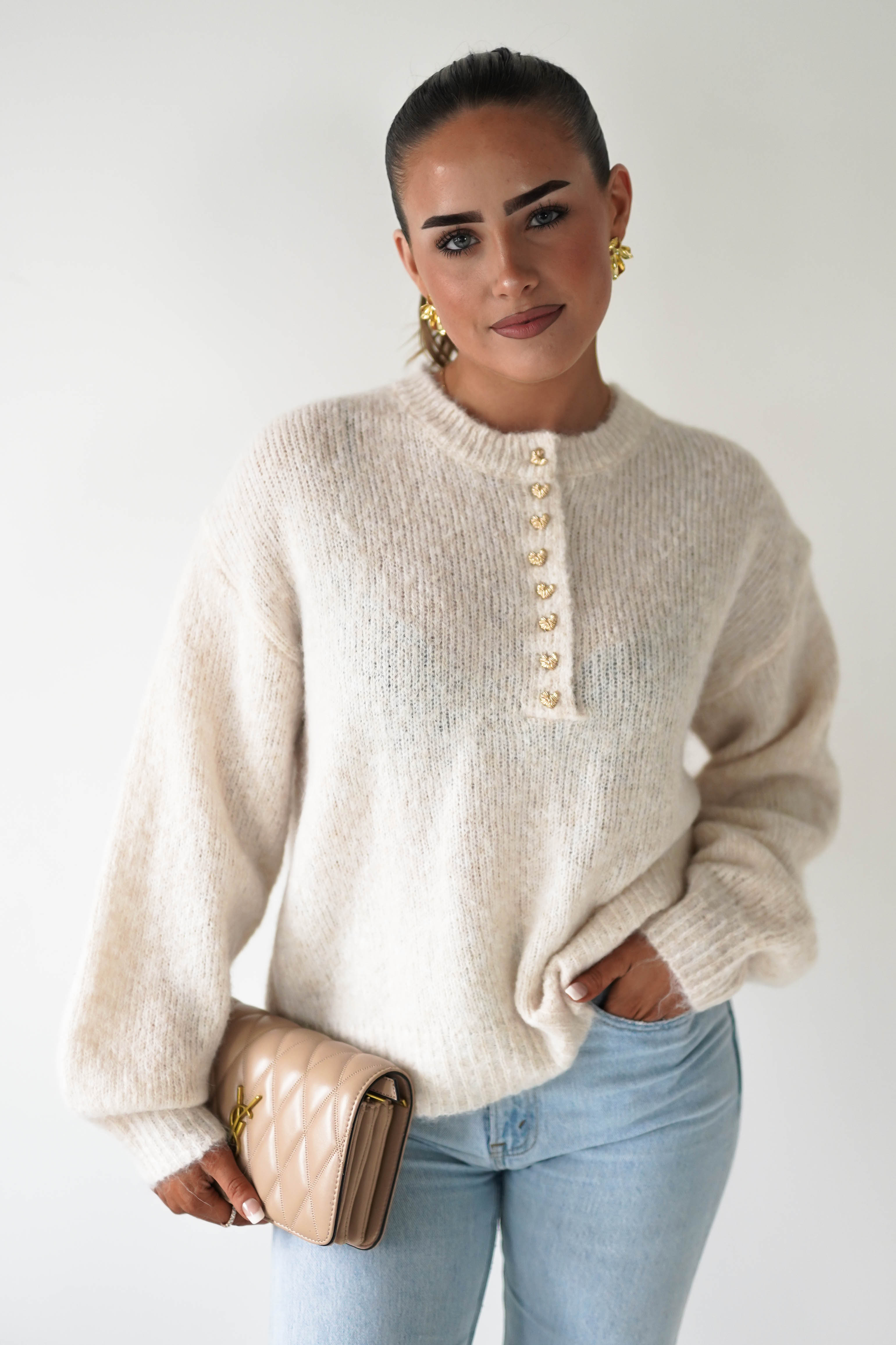 Oh Hello Clothing Women > Clothing > Knitwear ONE SIZE (6/12) Calix Button Detail Knit Jumper | Beige
