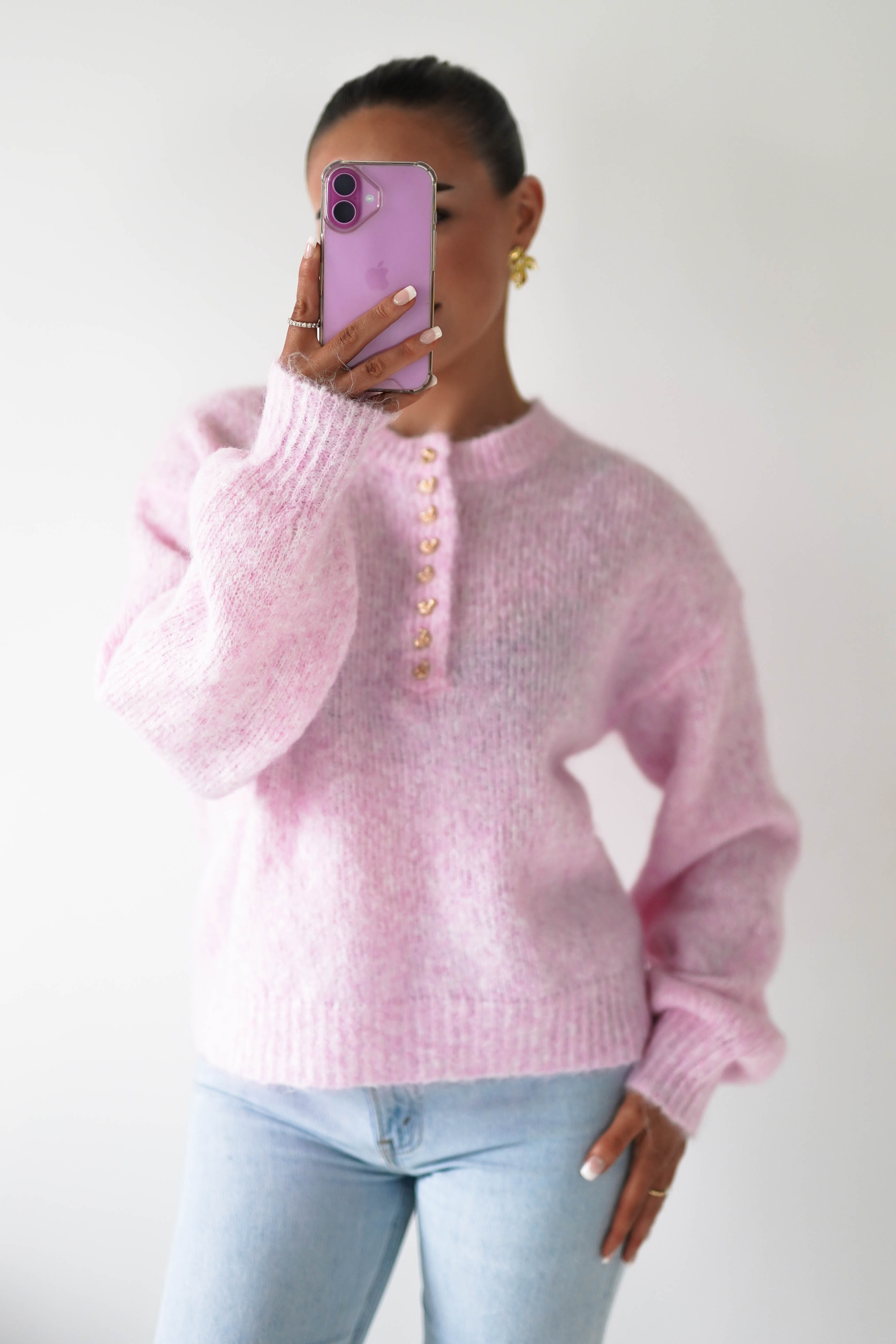 Oh Hello Clothing Women > Clothing > Knitwear ONE SIZE (6/12) Calix Button Detail Knit Jumper | Pink