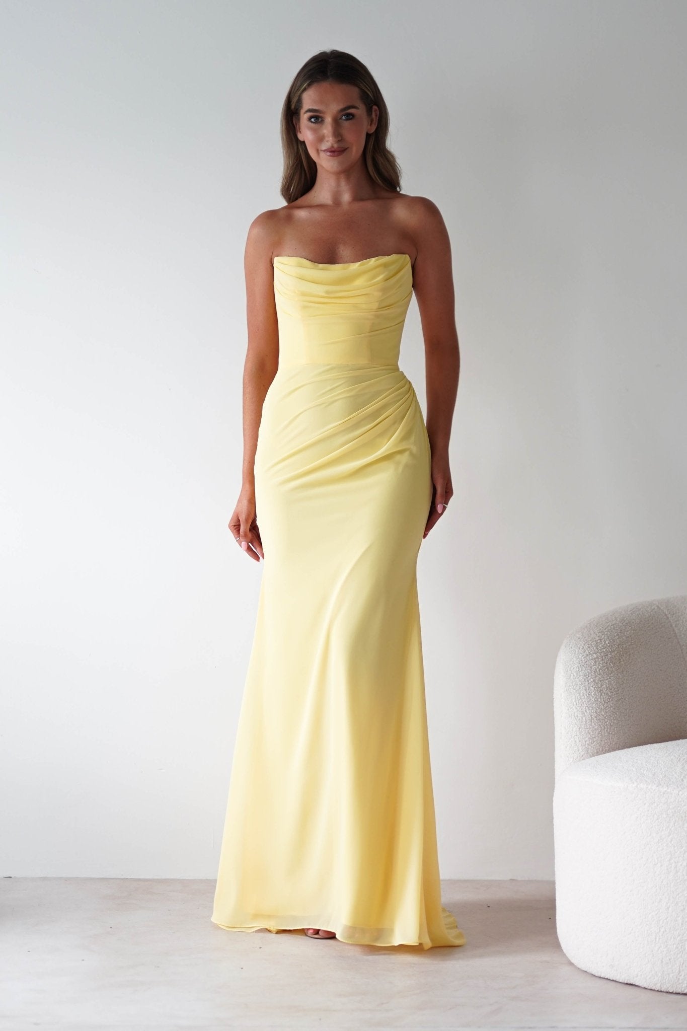 Caterina Strapless Chiffon Maxi Dress Yellow | Wedding Guest Dress | Maxi | Chiffon | Oh Hello Clothing