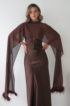Oh Hello Clothing S (8) Chelle Chiffon Wrap Shawl With Feather Trim | Brown