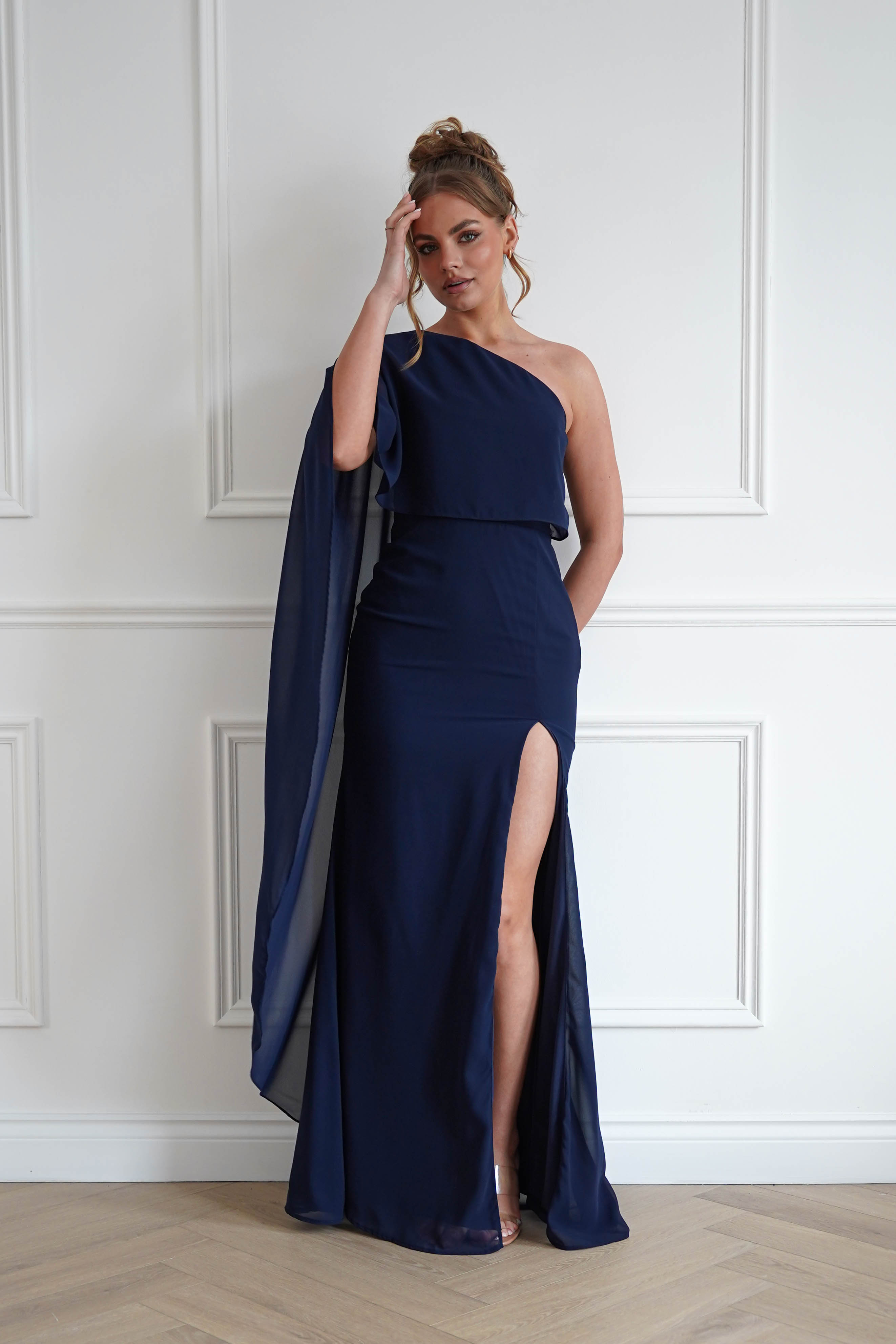 Oh Hello Clothing Women > Clothing > Dresses Criselda One Shoulder Chiffon Maxi Dress | Navy
