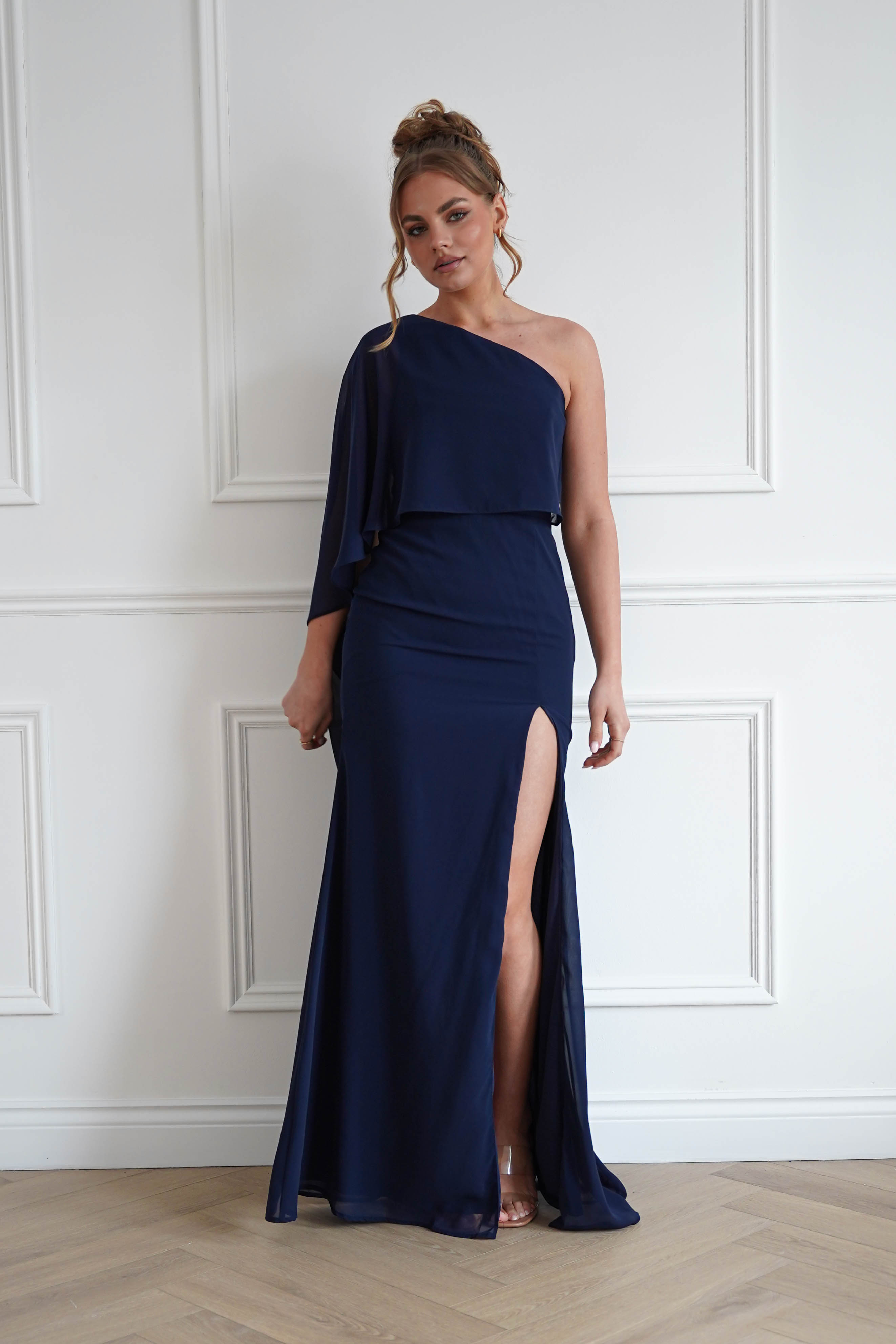 Oh Hello Clothing Women > Clothing > Dresses Criselda One Shoulder Chiffon Maxi Dress | Navy