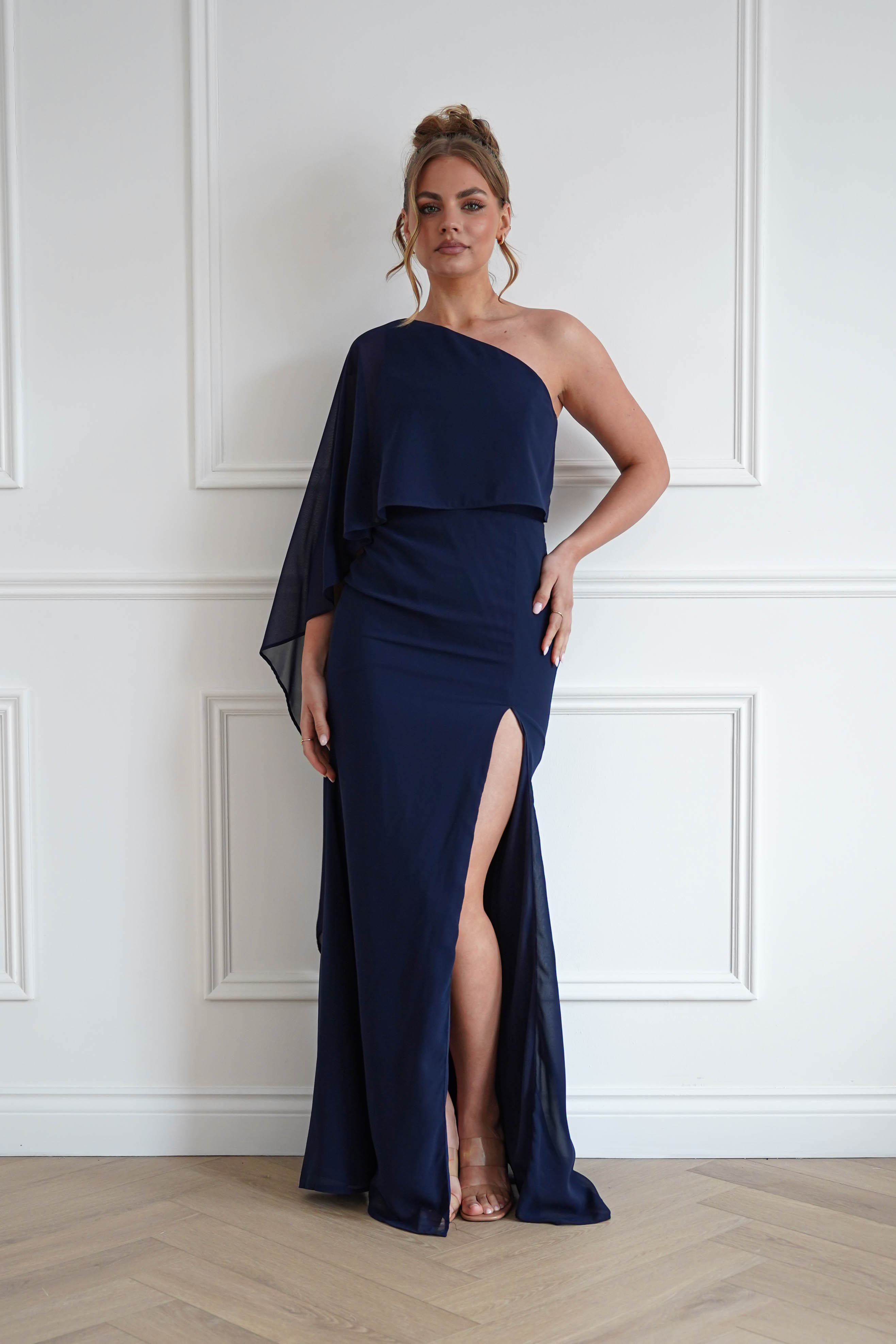 Oh Hello Clothing Women > Clothing > Dresses Criselda One Shoulder Chiffon Maxi Dress | Navy