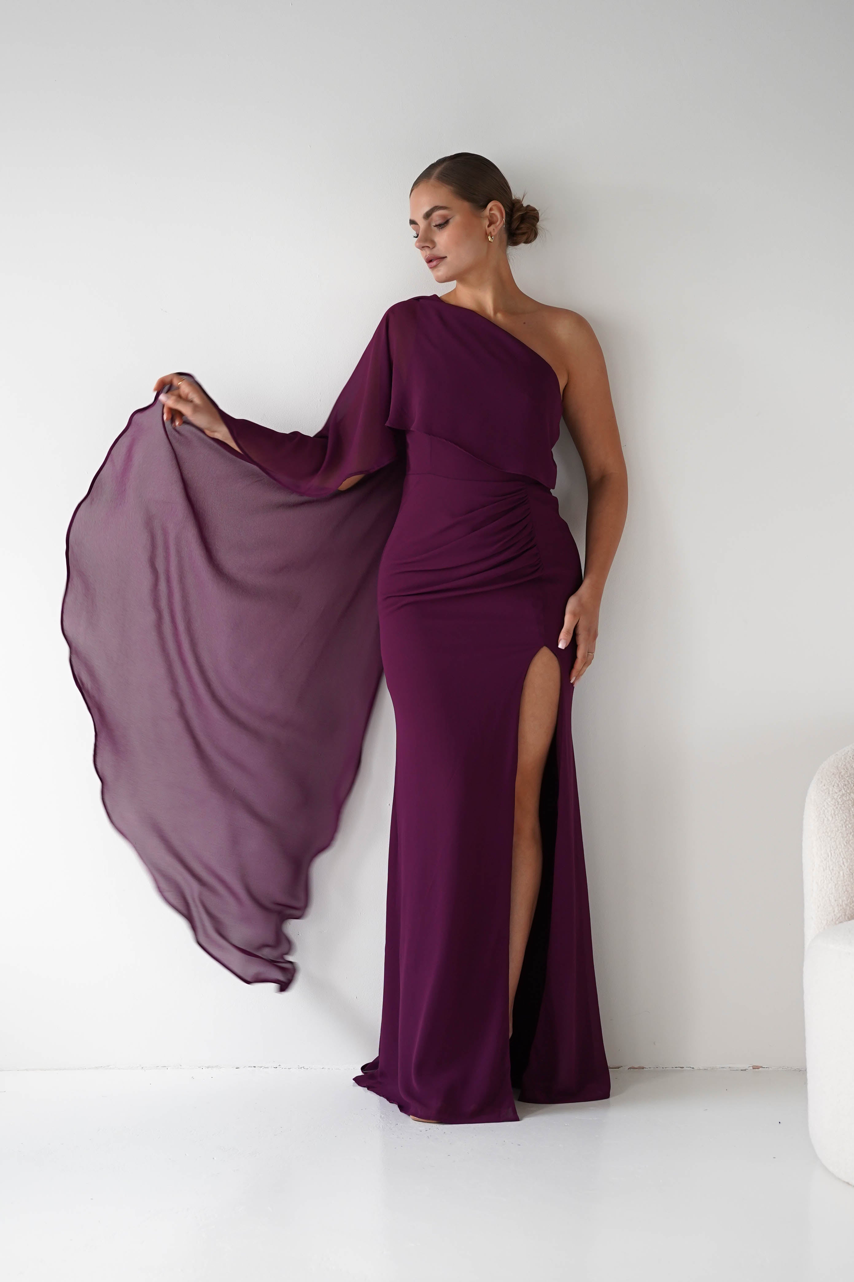 Oh Hello Clothing Women > Clothing > Dresses Criselda One Shoulder Chiffon Maxi Dress | Plum