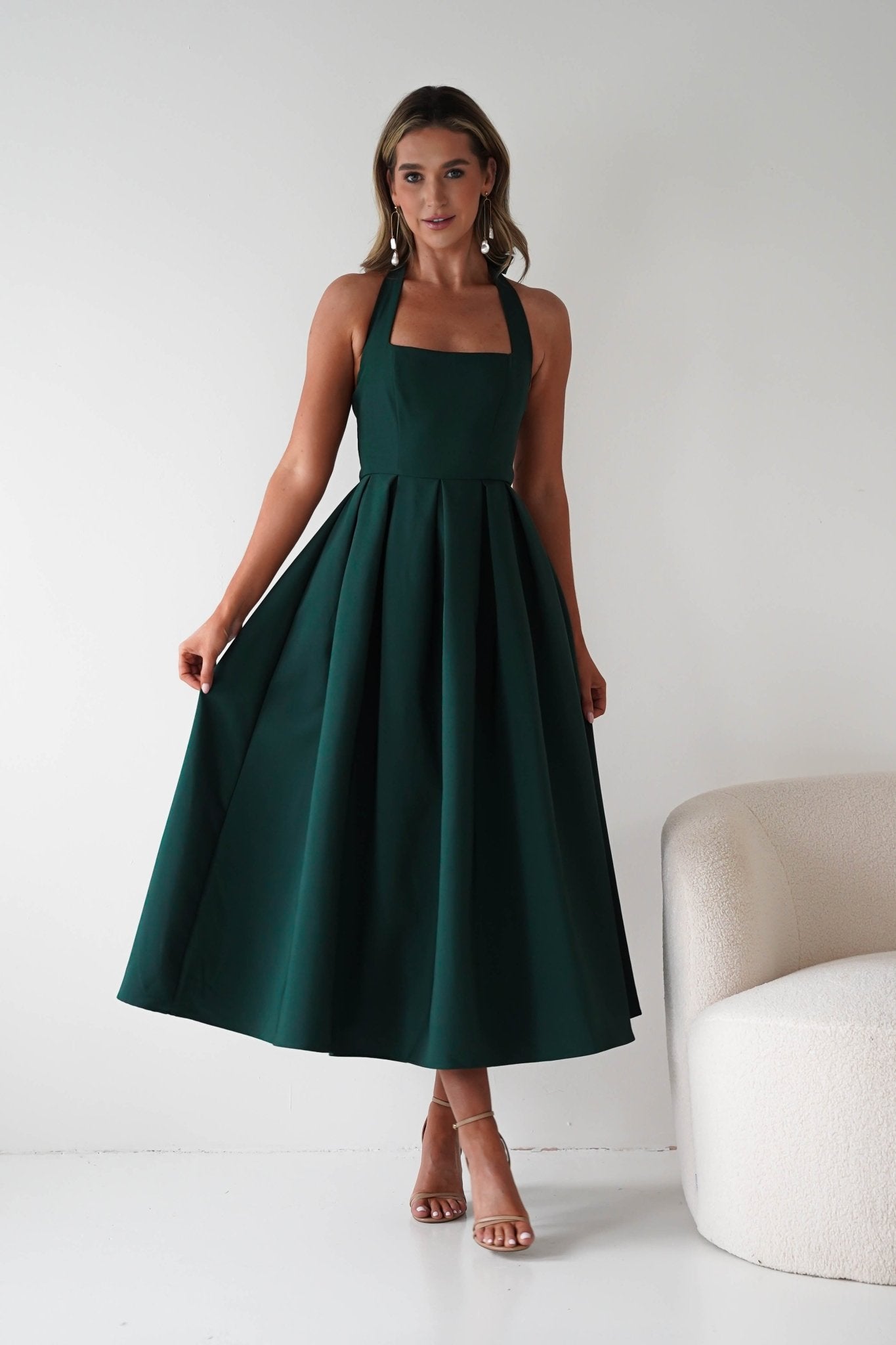 Daria Halter Neck Midi Dress | Forest Green| Wedding Guest Dress | Oh Hello Clothing