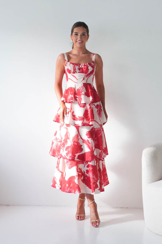 Oh Hello Clothing Women > Clothing > Dresses Denisa Floral Print Ruffle Maxi Dress | Red
