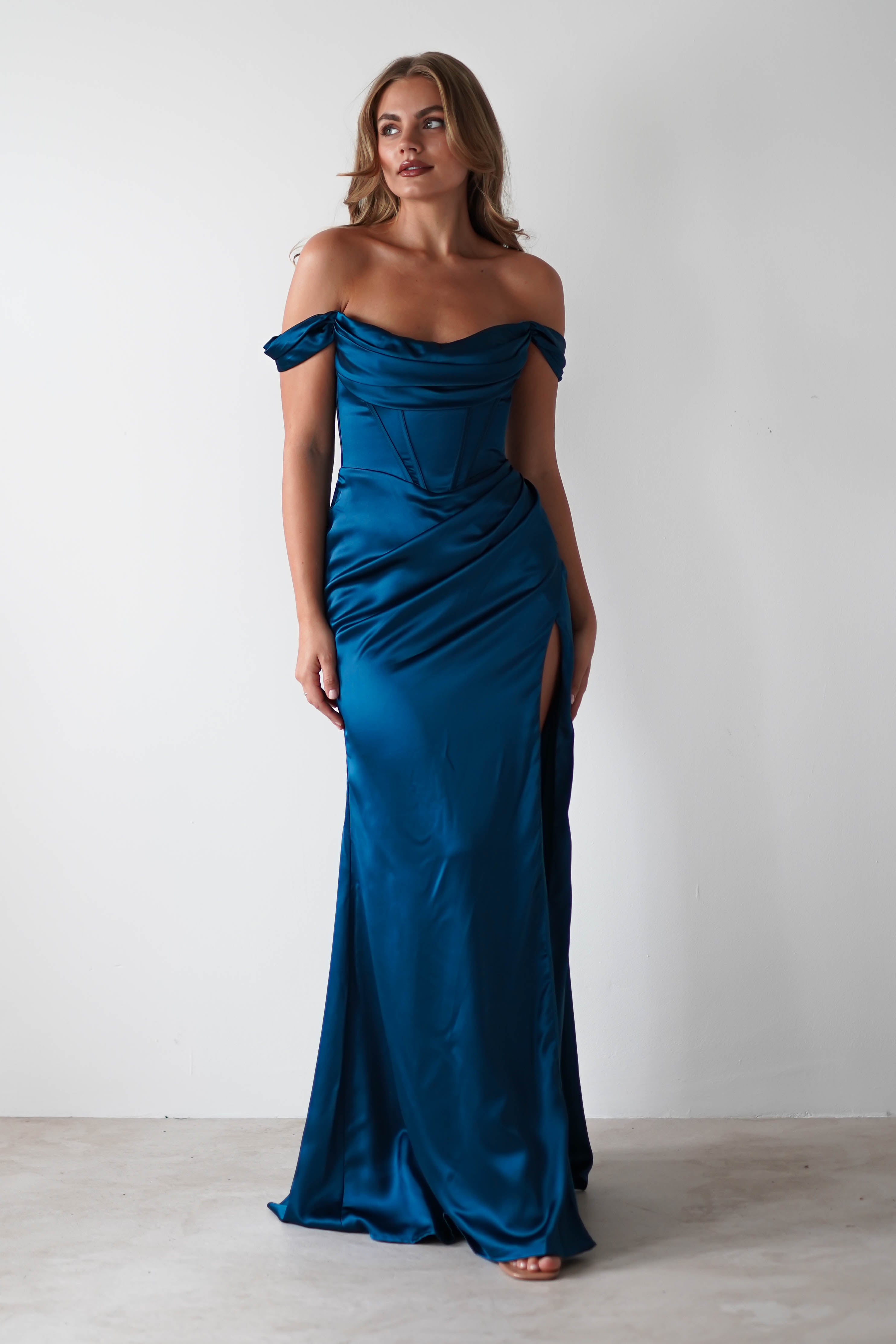 Dionne Soft Coset Maxi Gown | French Navy | Debs & Prom | Formal Gown | Oh Hello Clothing
