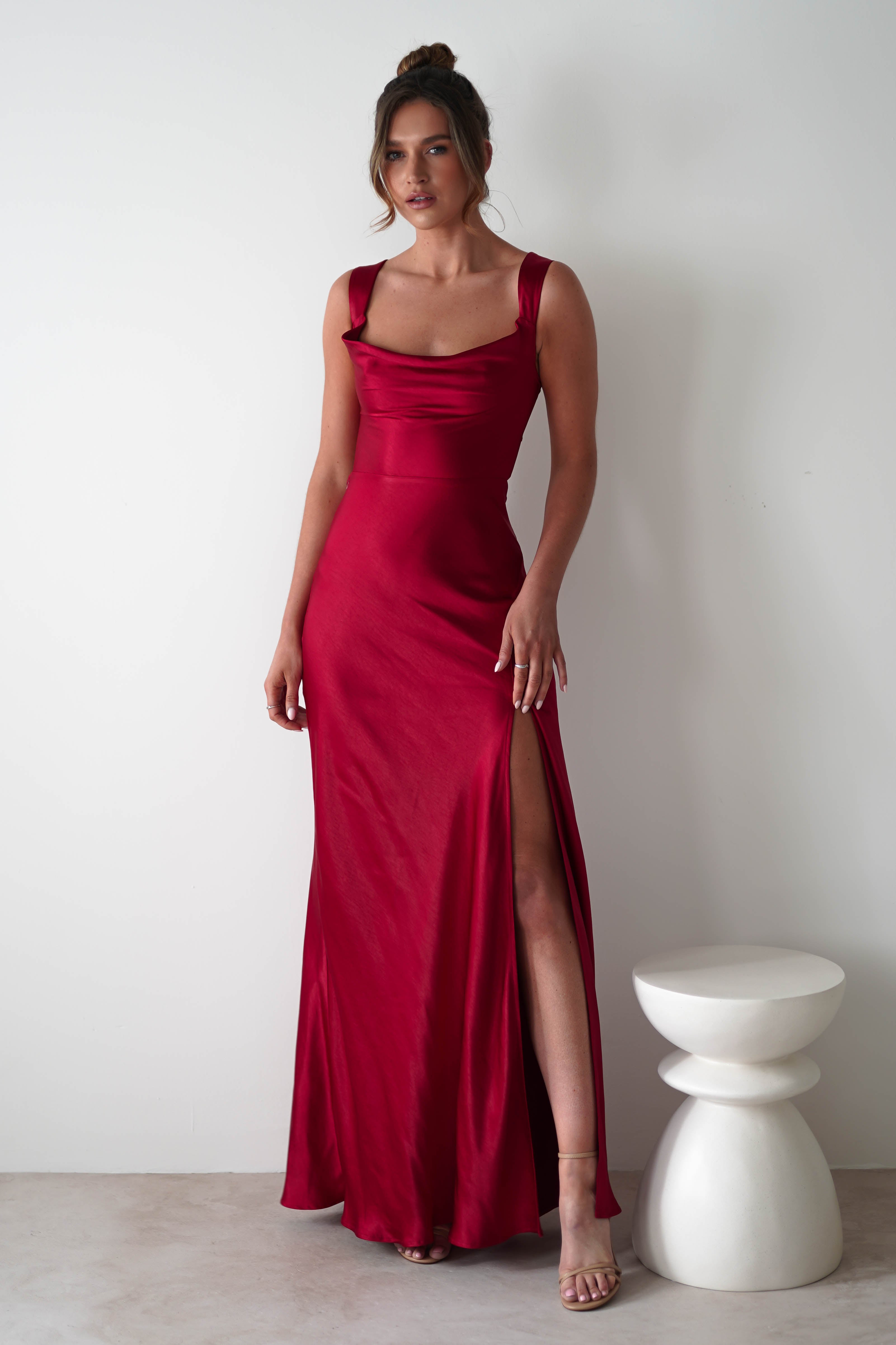 Riviera Soft Satin Maxi Gown | Berry Red | Debs & Prom | Formal Gown | Oh Hello Clothing
