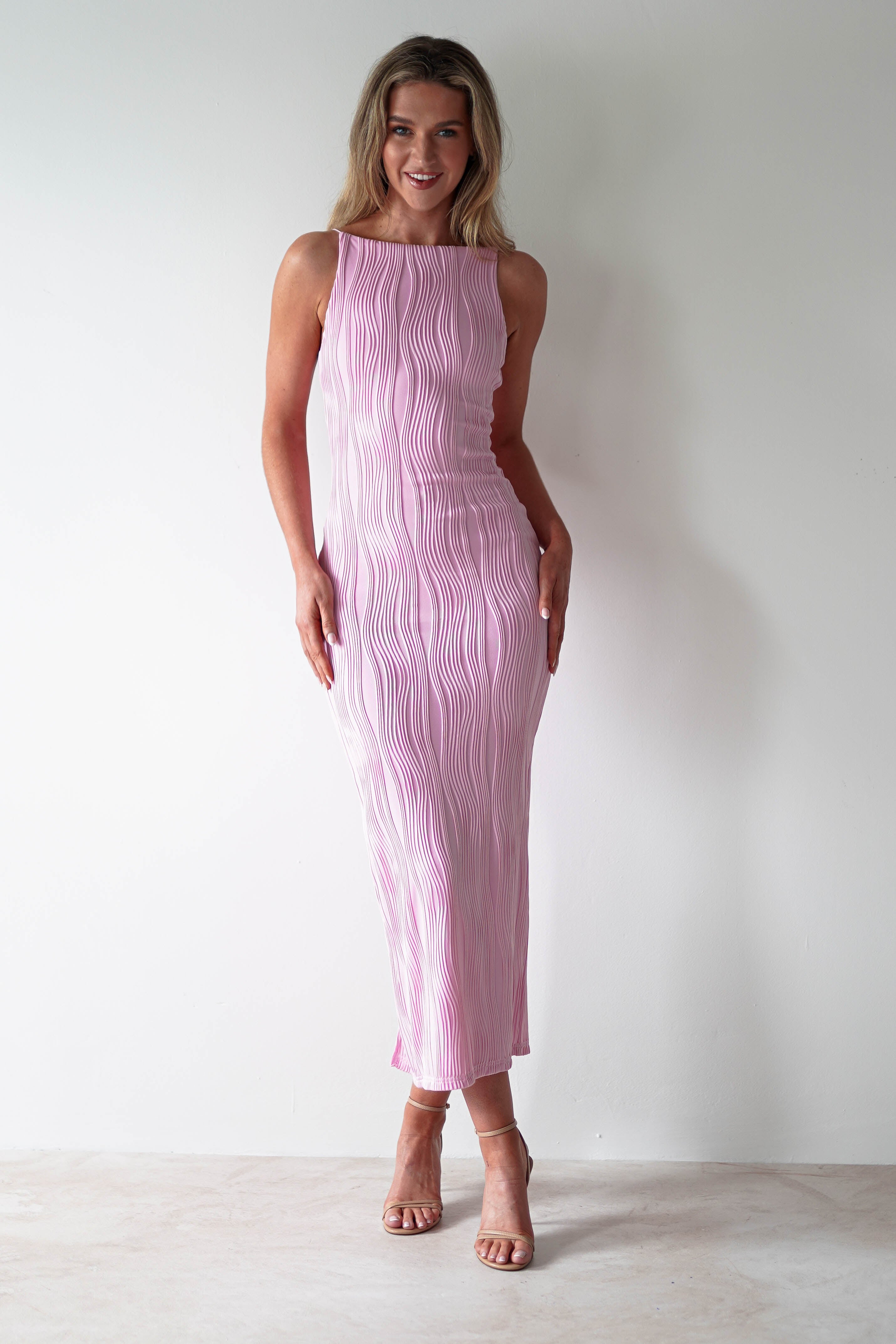 Brighton Textured Bodycon Midaxi Dress Pink | Wedding Guest Dress | Bodycon | Oh Hello Clothing