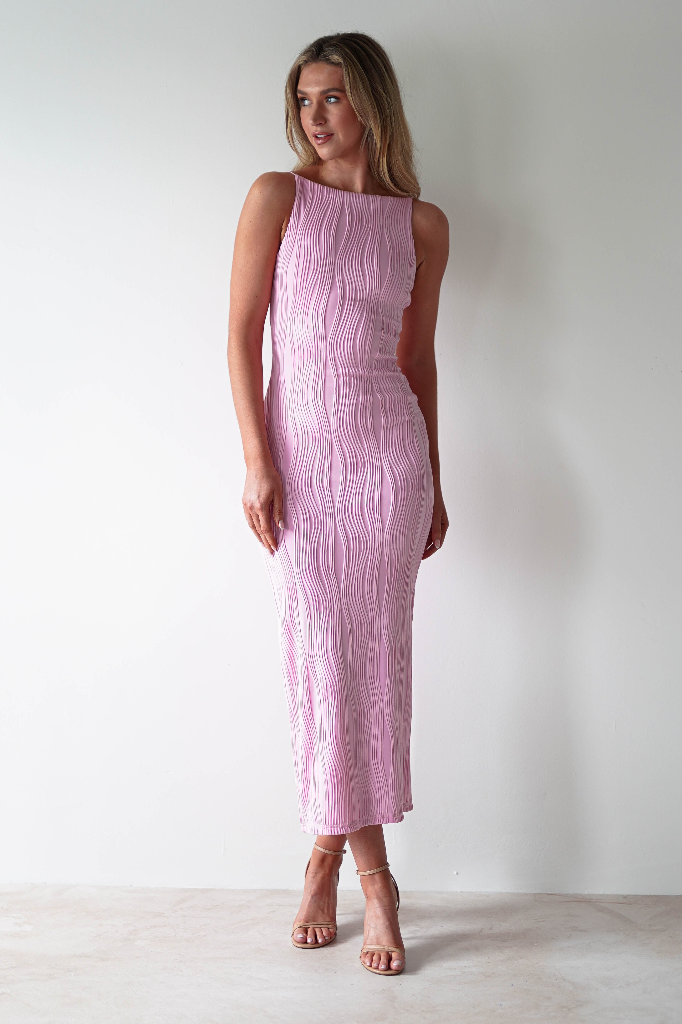 Brighton Textured Bodycon Midaxi Dress Pink | Wedding Guest Dress | Bodycon | Oh Hello Clothing