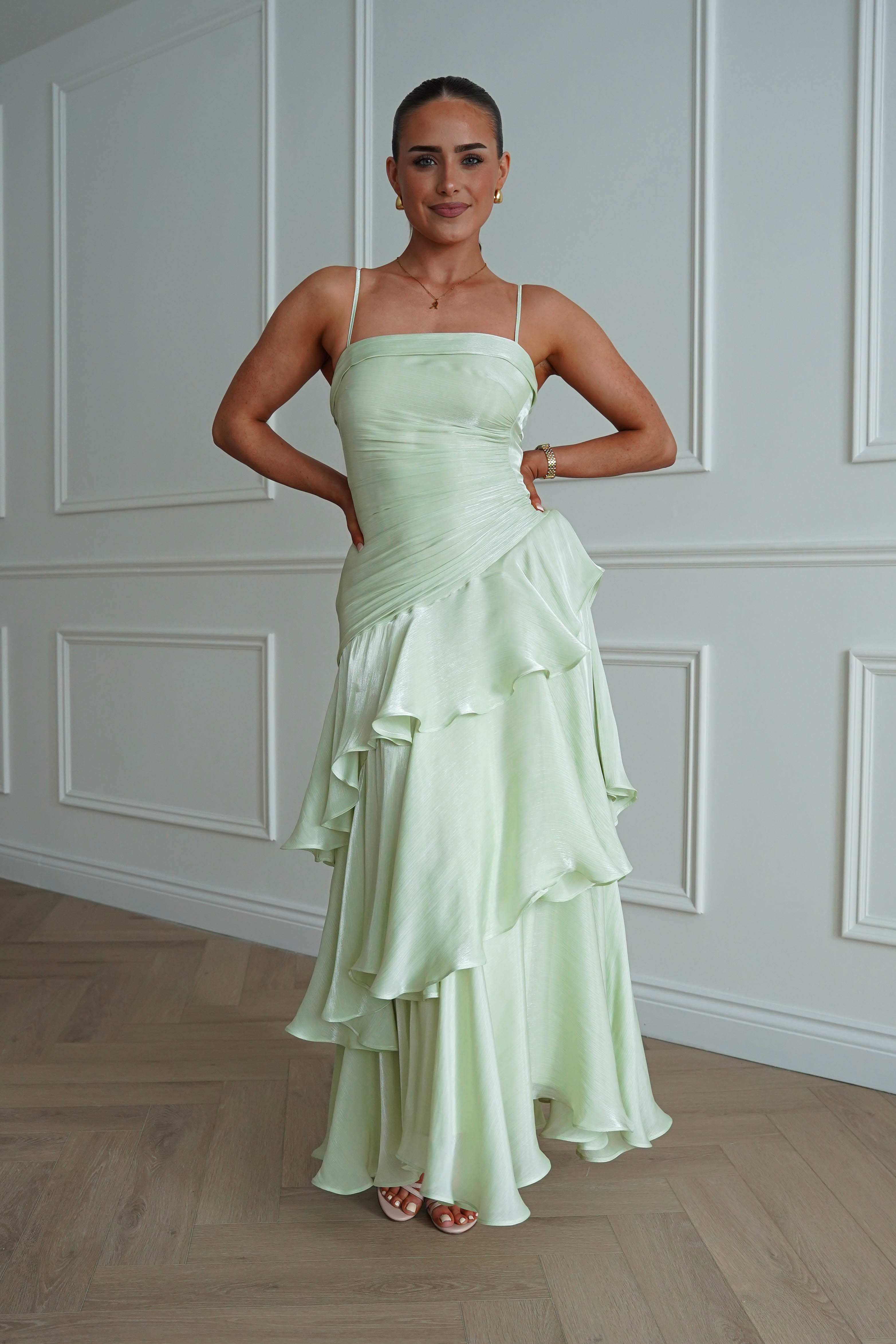 Oh Hello Clothing Women > Clothing > Dresses *DONE - Renee Luminescent Ruffle Maxi Dress | Pistachio