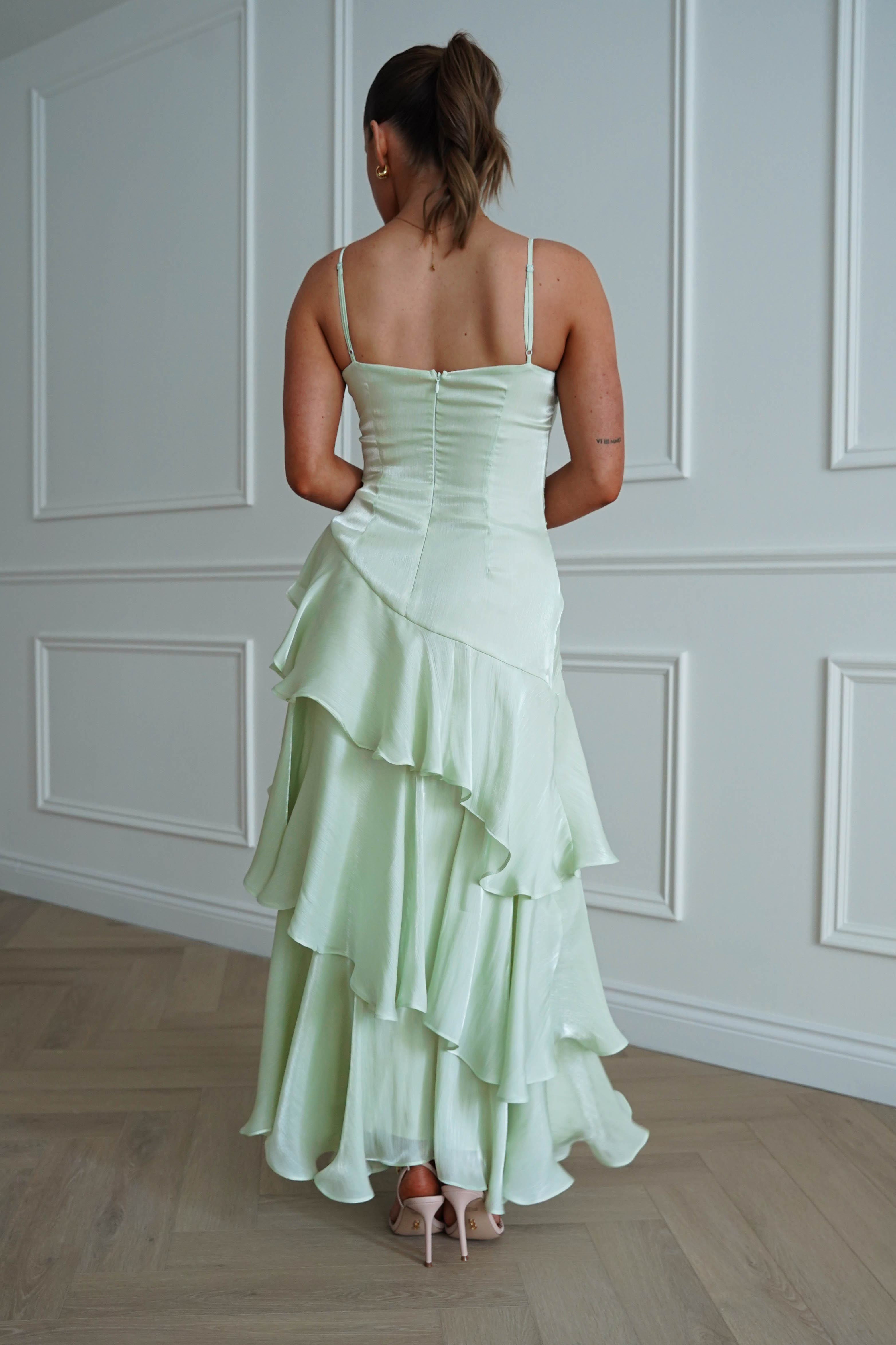 Oh Hello Clothing Women > Clothing > Dresses *DONE - Renee Luminescent Ruffle Maxi Dress | Pistachio