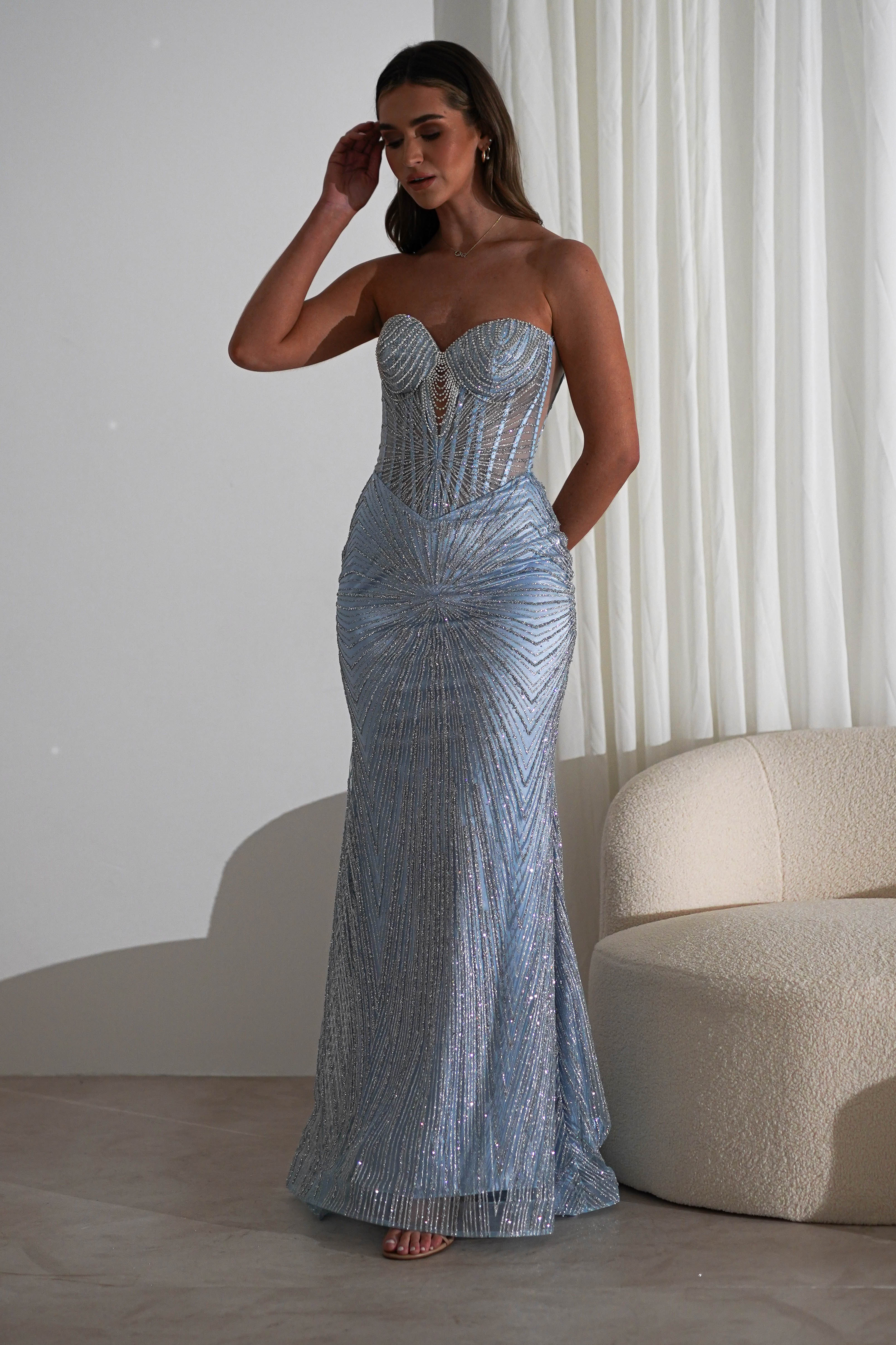 Elyse Glitter Strapless Gown | Light Blue/Silver | Debs & Prom | Formal Gown | Oh Hello Clothing