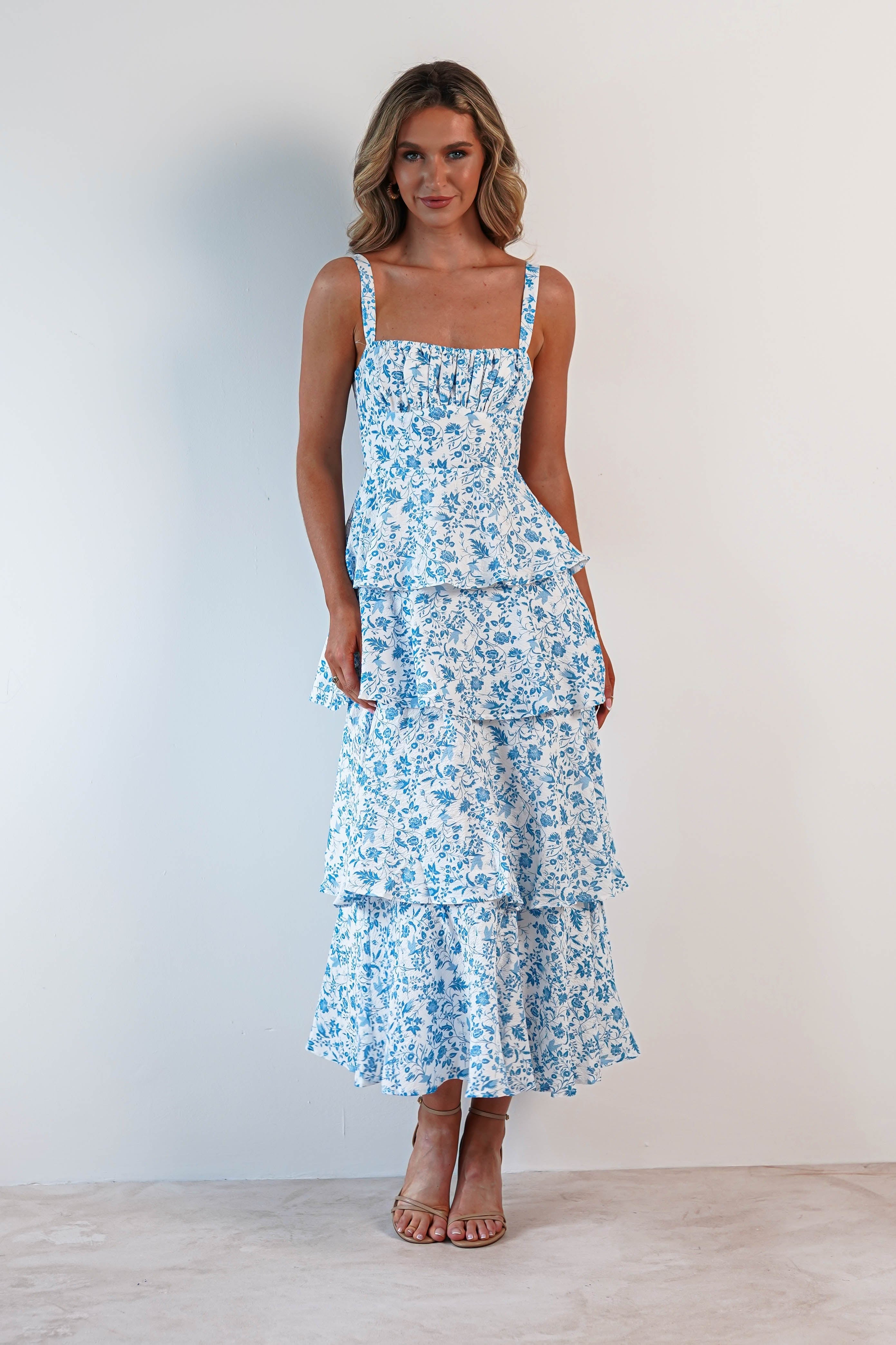 Emily Floral Ruffle Maxi Dress Blue/White | Wedding Guest Dress | Maxi | Oh Hello Clothing