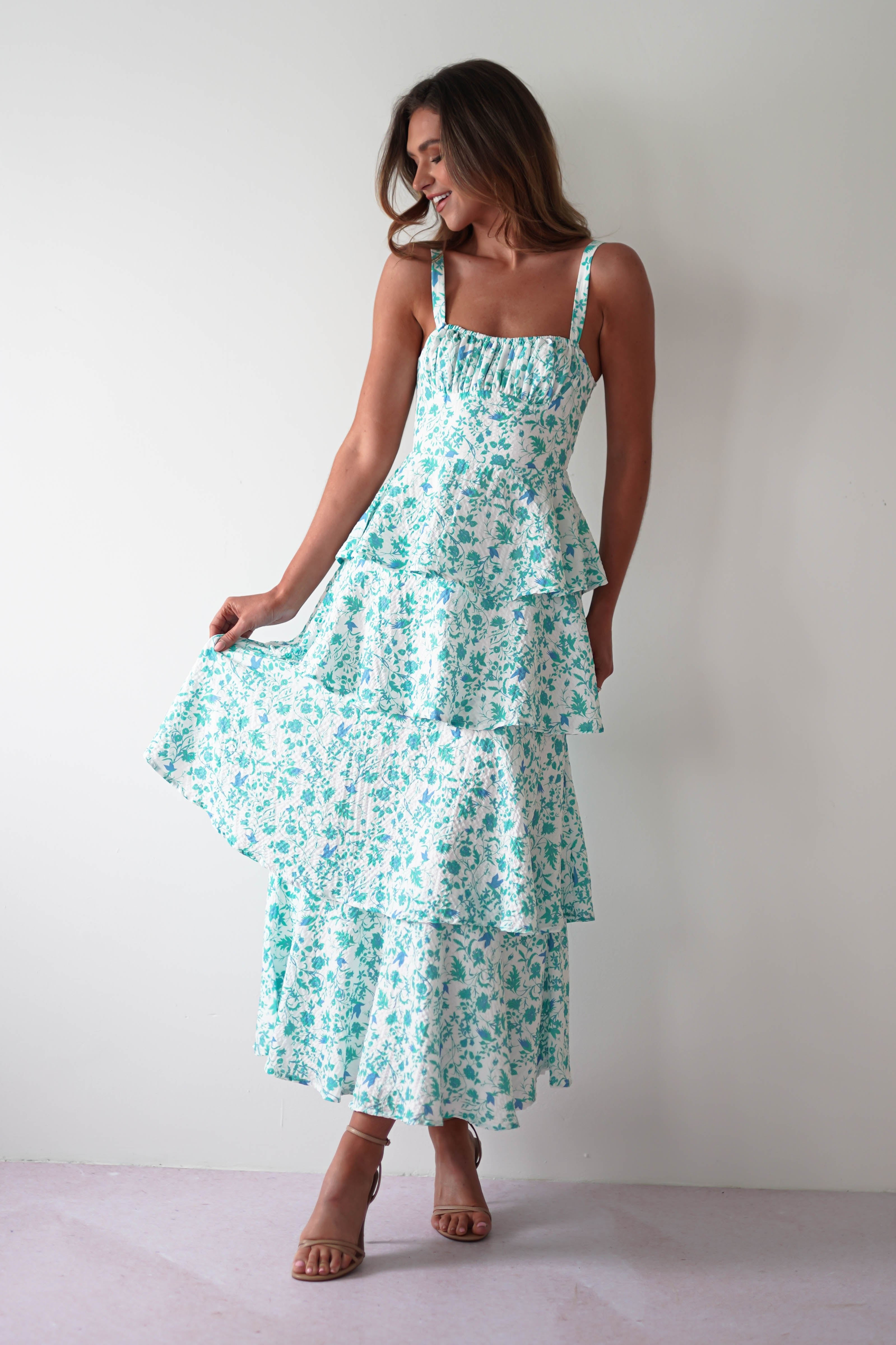 Emily Floral Ruffle Maxi Dress Green/White | Wedding Guest Dress | Maxi | Oh Hello Clothing